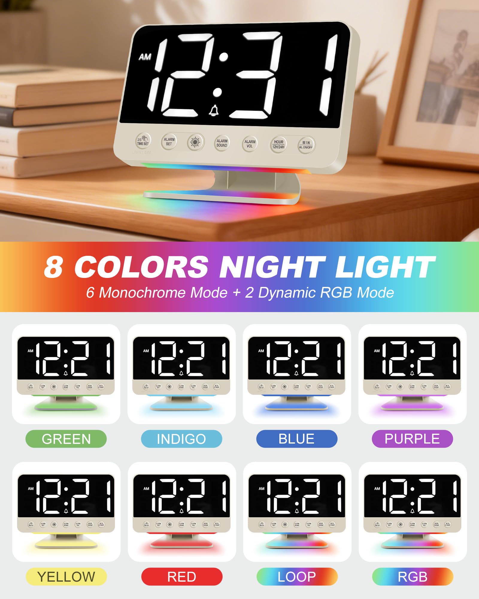 Reloj despertador digital para mesita de noche: reloj despertador fuerte para personas que duermen mucho, repetición, puerto USB, brillo/volumen ajustable, alimentación de red, 12/24 horas