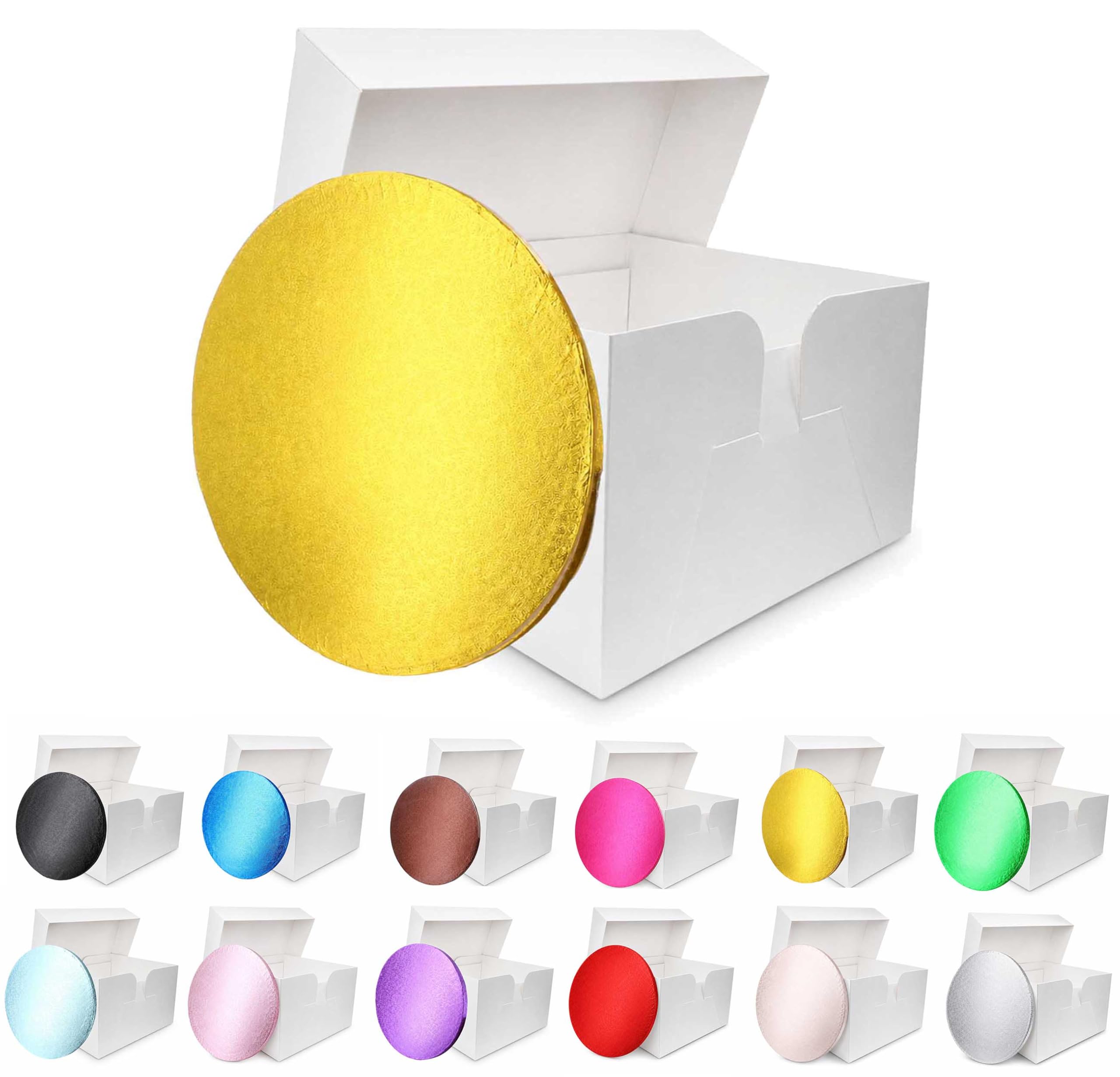 LARRYROO Colour Cake Drum Board & White Box + Lid Combo Pack for Wedding, Birthday Cakes (Gold, 10 Inches)