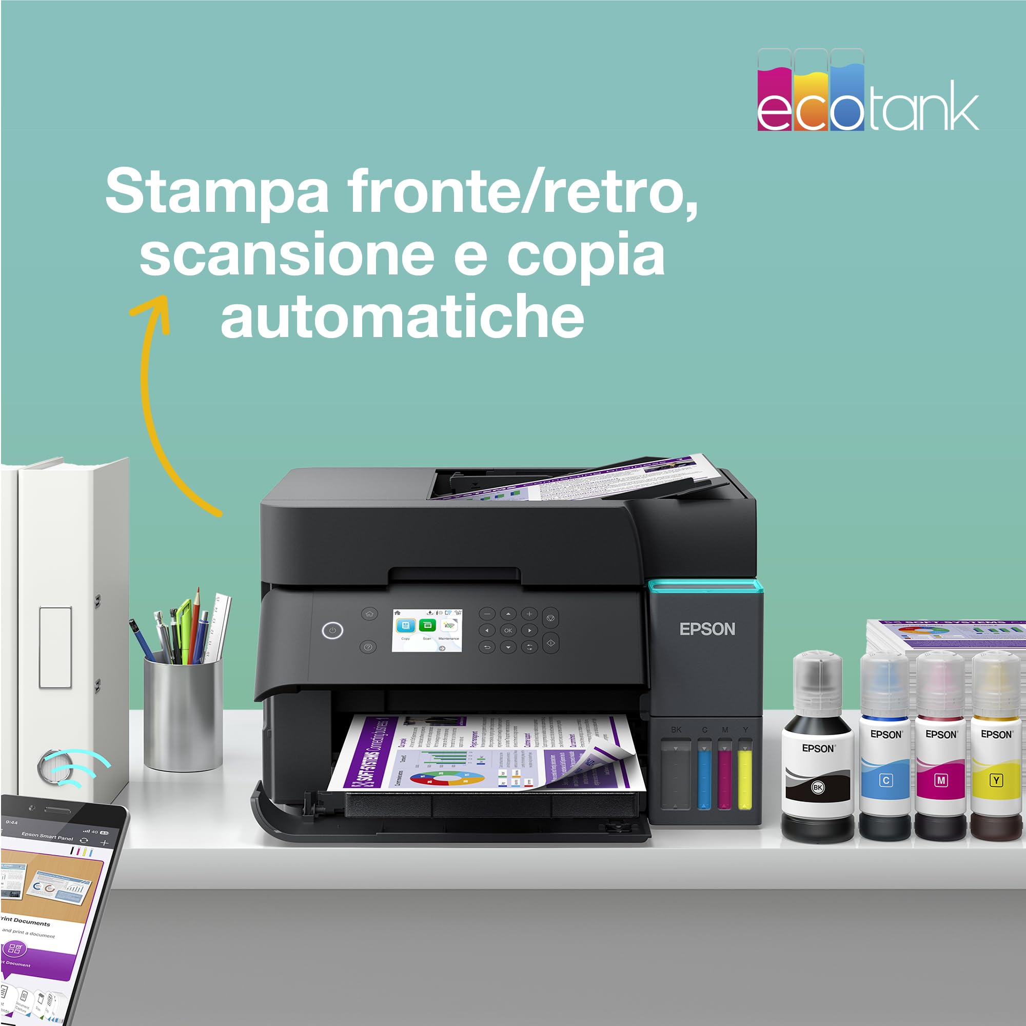 Epson EcoTank ET-3950 Stampante A4 Wi-Fi Fronte/Retro Stampa Copia Scansione Display LCD 6.1 cm ADF 30 Fogli 3 Anni Inchiostro Inclusi