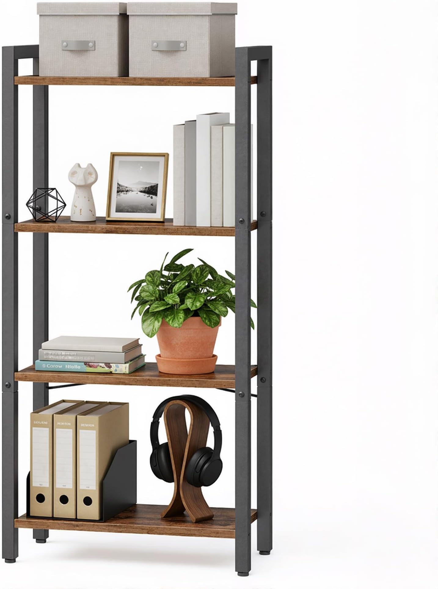 VASAGLE 4-Tier Bookshelf, Bookcase, Shelving Unit, for Office, Study, Living Room, Bedroom, 24 x 40 x 107 cm, Industrial, Rustic Brown and Ink Black LLS099B01