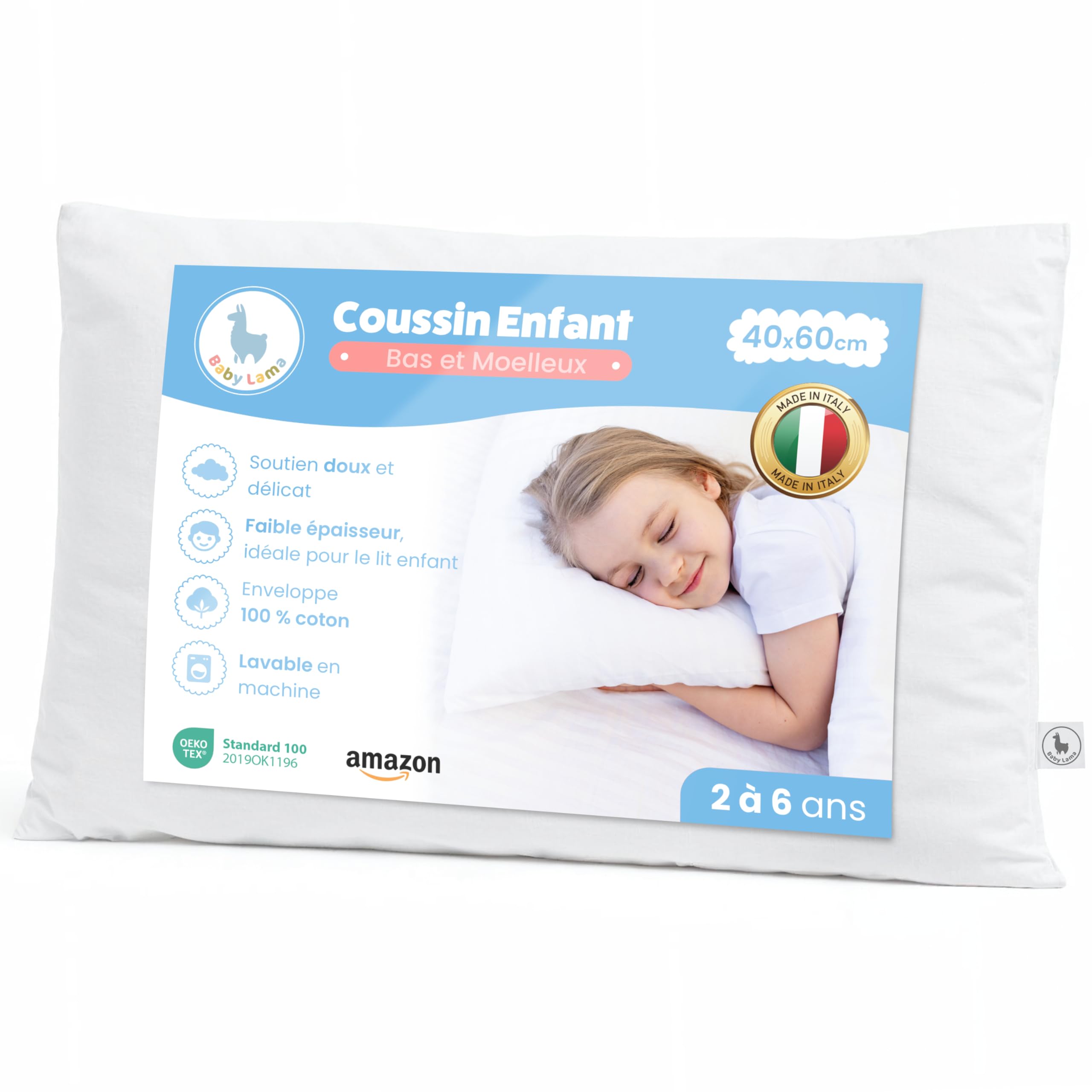 Oreiller Enfant 2 à 6 Ans – Oreiller 40x60 cm Bas et Confortable – Coussin Bébé et Enfant 100% Coton Oeko-Tex – Hypoallergénique, Anti-Étouffement, Lavable – Fabriqué en Italie (1)