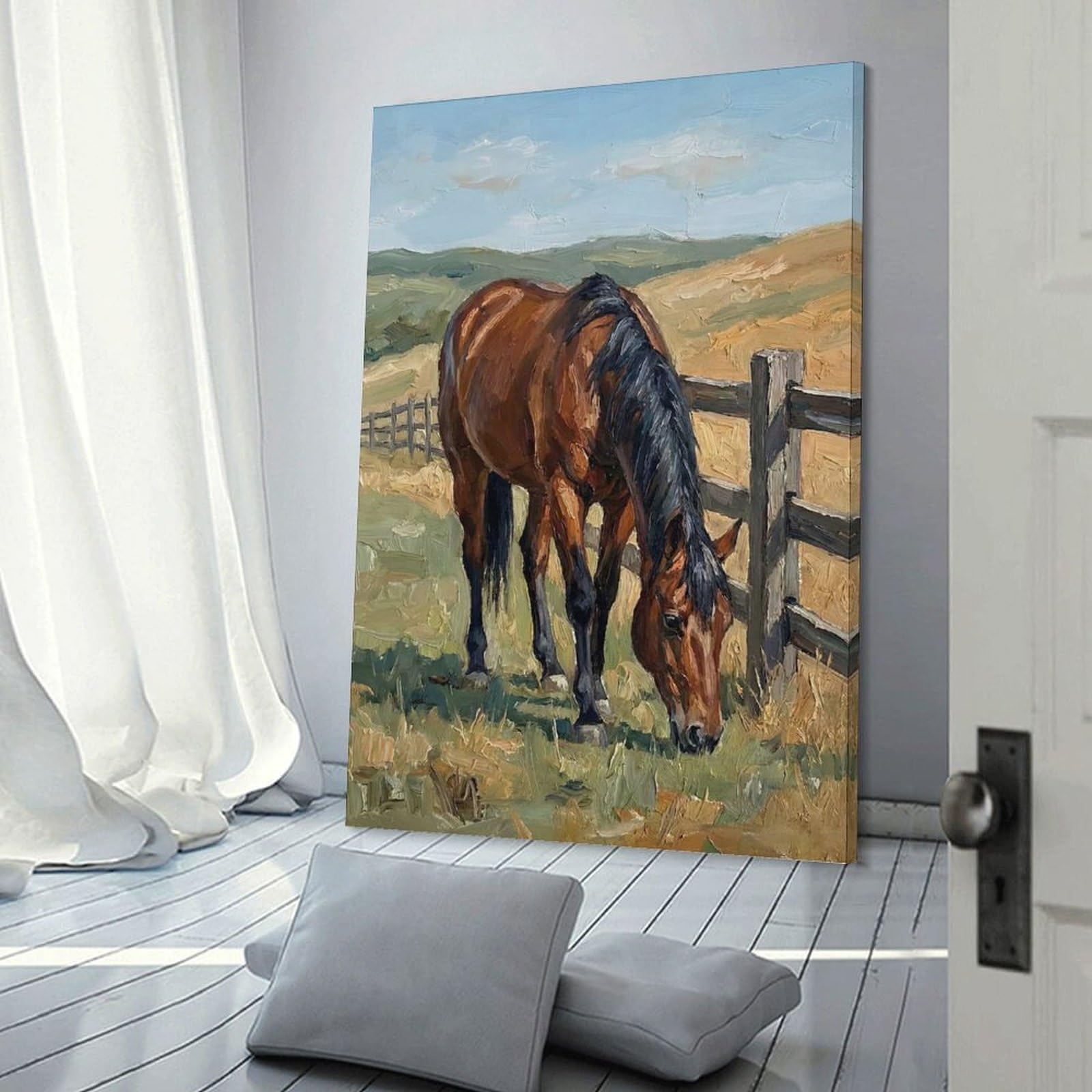 Junmoney Hanging Wall Art Brown Horse Grazing by A Fence, 20x30inch(50x75cm), for Living Room, Bedroom Or Apartment Walls, Decorative Artwork for Empty Walls