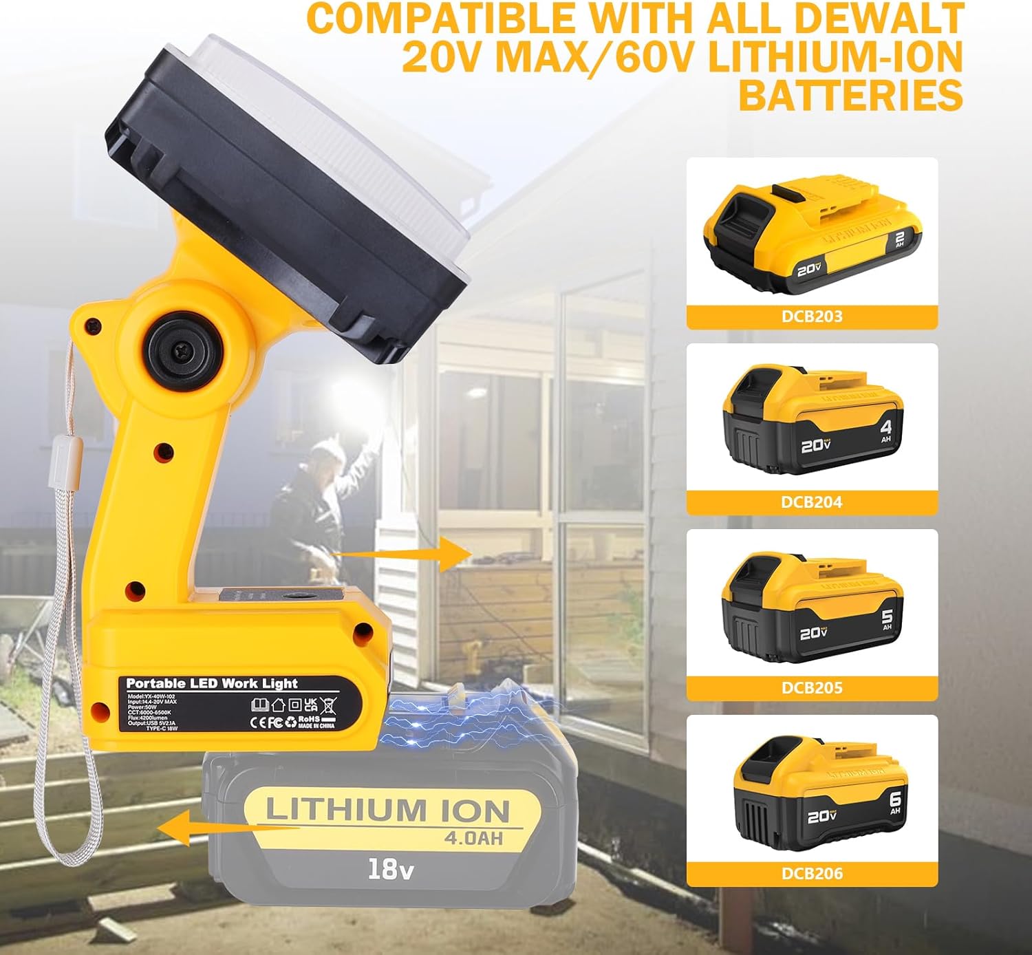 40W Flashlight for Dewalt Battery Light Powered for Dewalt 20V Max Lithium-ion Batteries, 4200LM Spotlight with USB-A/C Port, LED Work Light 110 Degree Pivoting Head Indoor Outdoor Use