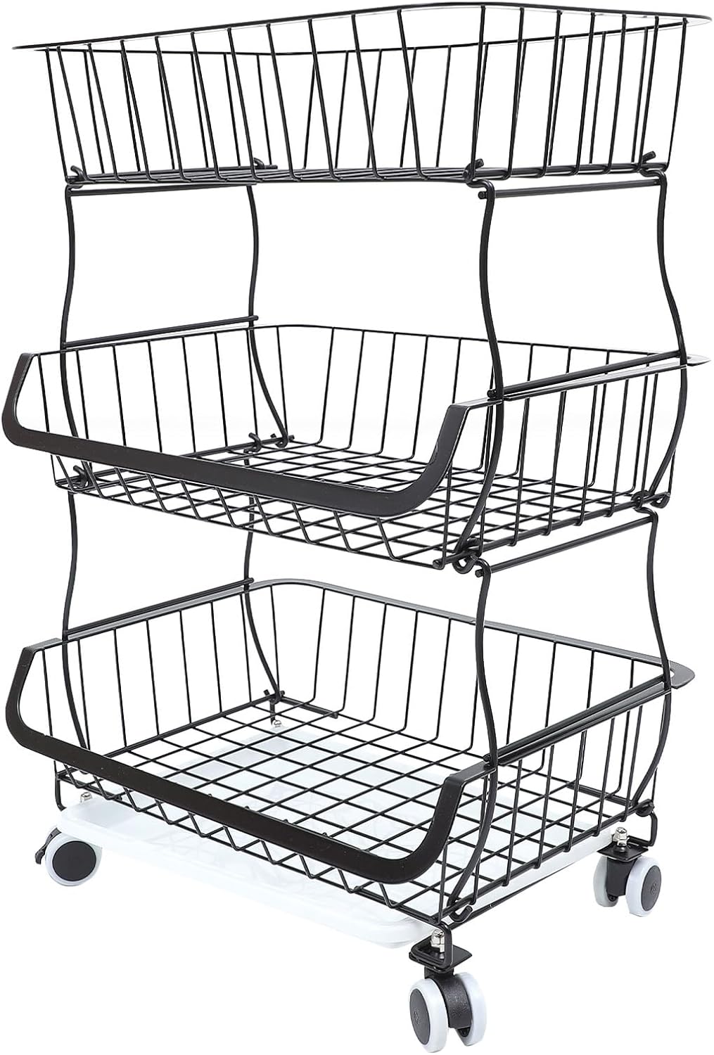 3-Tier Kitchen Storage Cart with Wheels, Utility Rolling Cart with Fruit and Vegetable Baskets, Black Steel Frame Multipurpose Utility Trolley for Kitchen Organization and Pantry