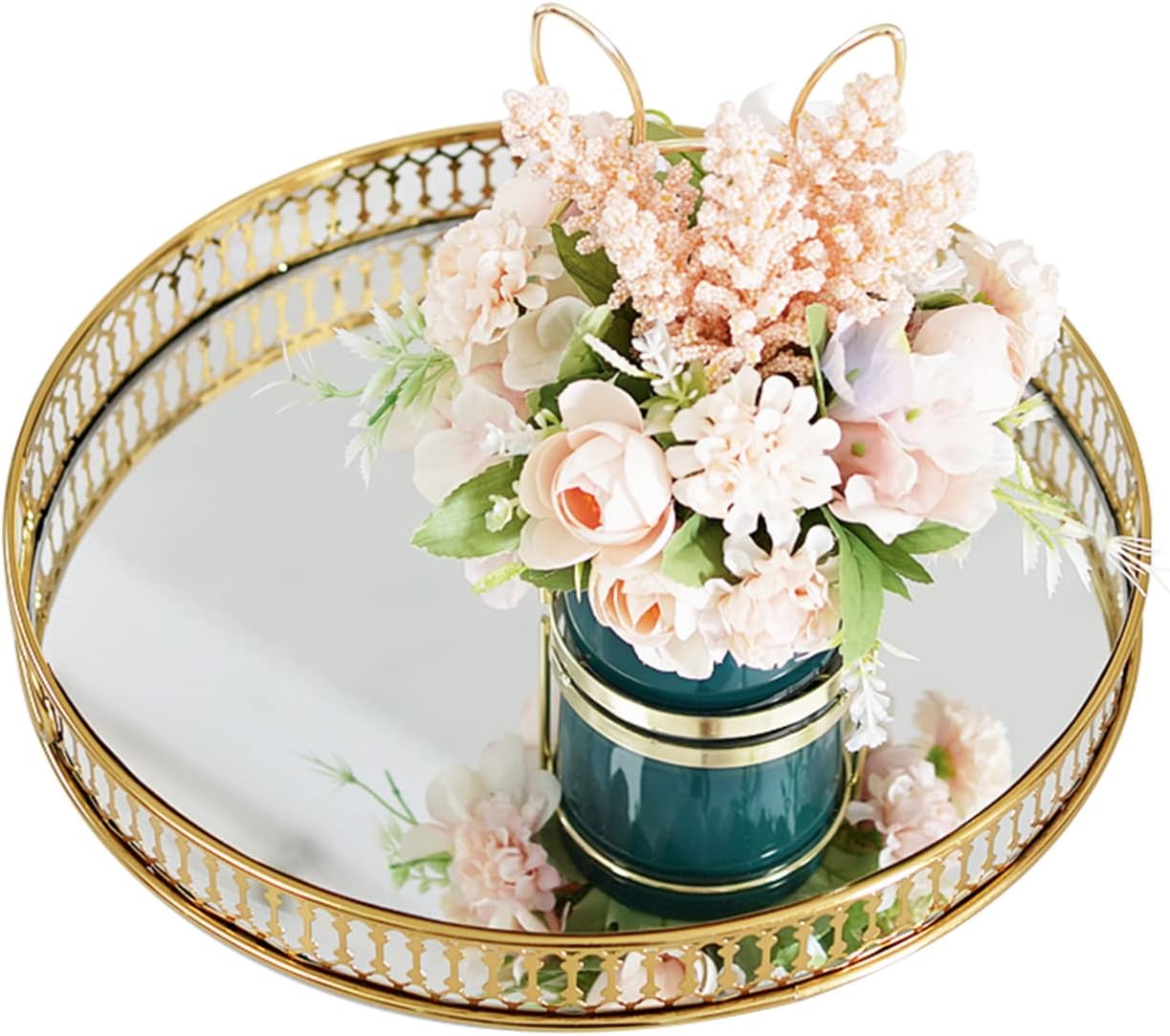 9.8×1.7in Round Decorative Mirror Tray American Style Makeup Organizer Jewelry Organizer Serving Tray with Decorative Geometric Shape Side for Whiskey Decanter, Vanity Set, Perfume Tray