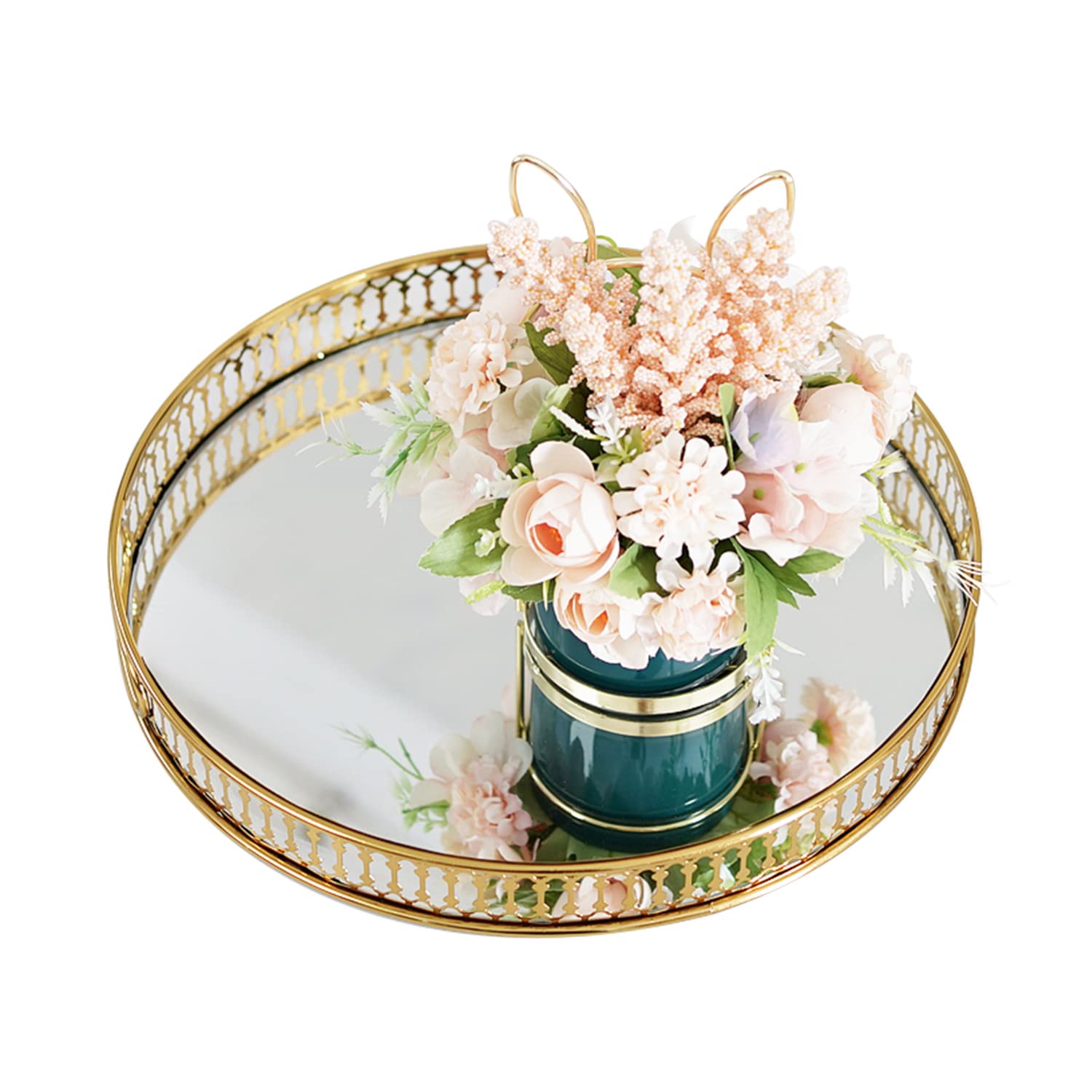 9.8Ã—1.7in Round Decorative Mirror Tray American Style Makeup Organizer Jewelry Organizer Serving Tray with Decorative Geometric Shape Side for Whiskey Decanter, Vanity Set, Perfume Tray