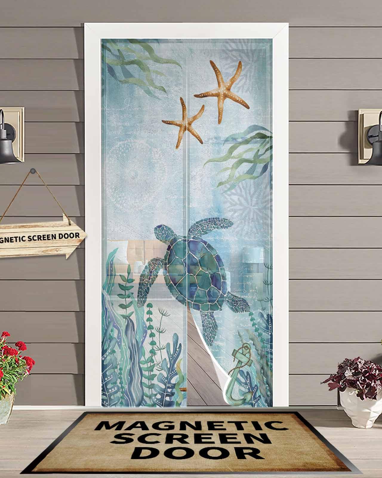 Coastal Turtle Magnetic Screen Door For Sliding/Single/French Door,Blue Nautical Self Sealing Hands Free Kid/Dog/Pet-Friendly RV Camper Patio Door