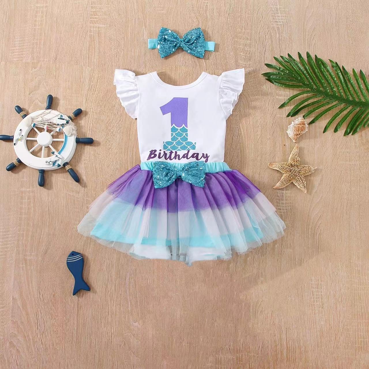 Baby Girls 1st First Birthday Outfits Romper TuTu Skirt Set with Sequins Bowknot Headband 3Pcs - Image 2