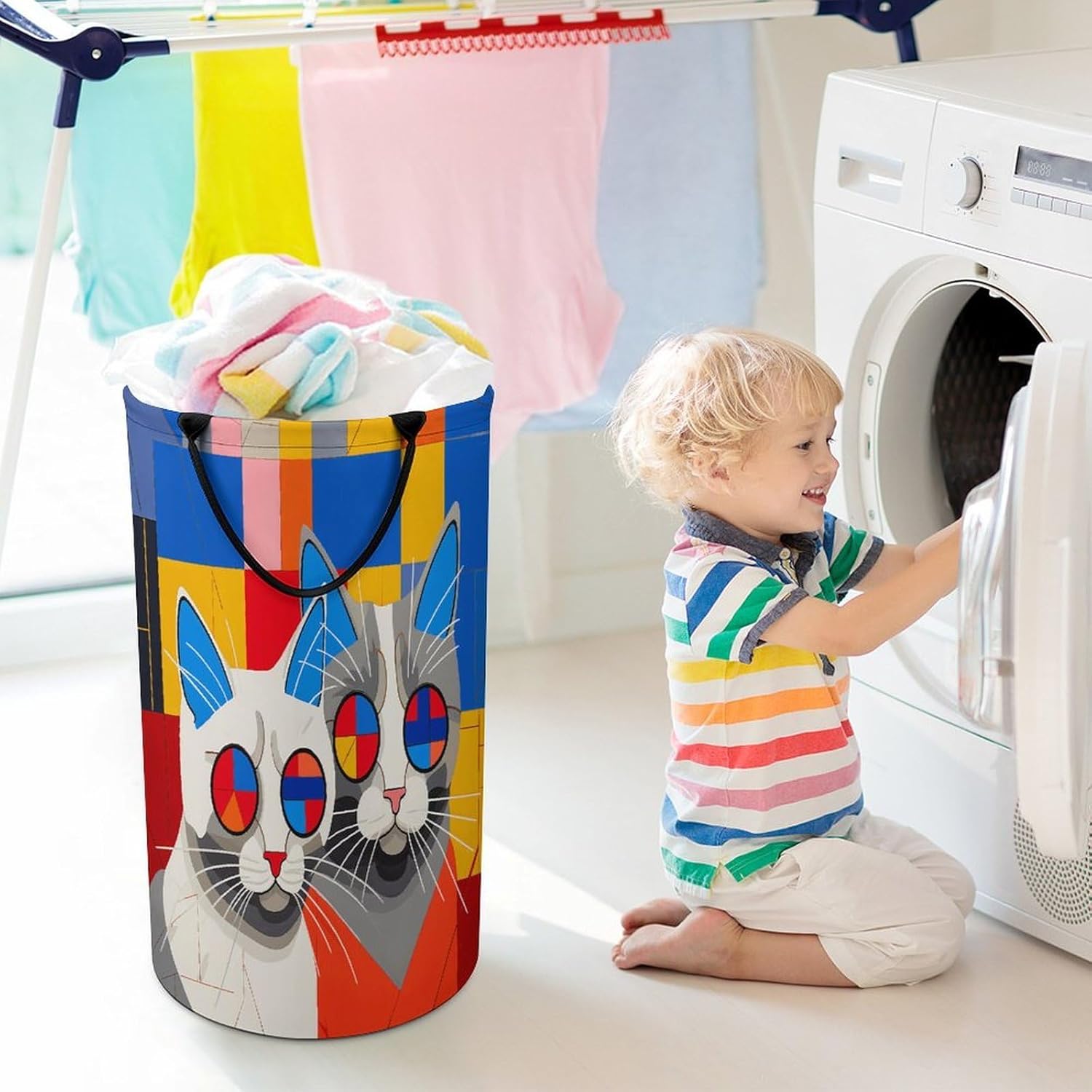 Red And Blue CatLaundry Hamper - Large Dirty Clothes Bag.Storage Basket for Easy Carry Handles. Large Clothes Basket with Handles, Clothing Storage Bucket Toy Organizer for Bathroom Bedroom Dorm.