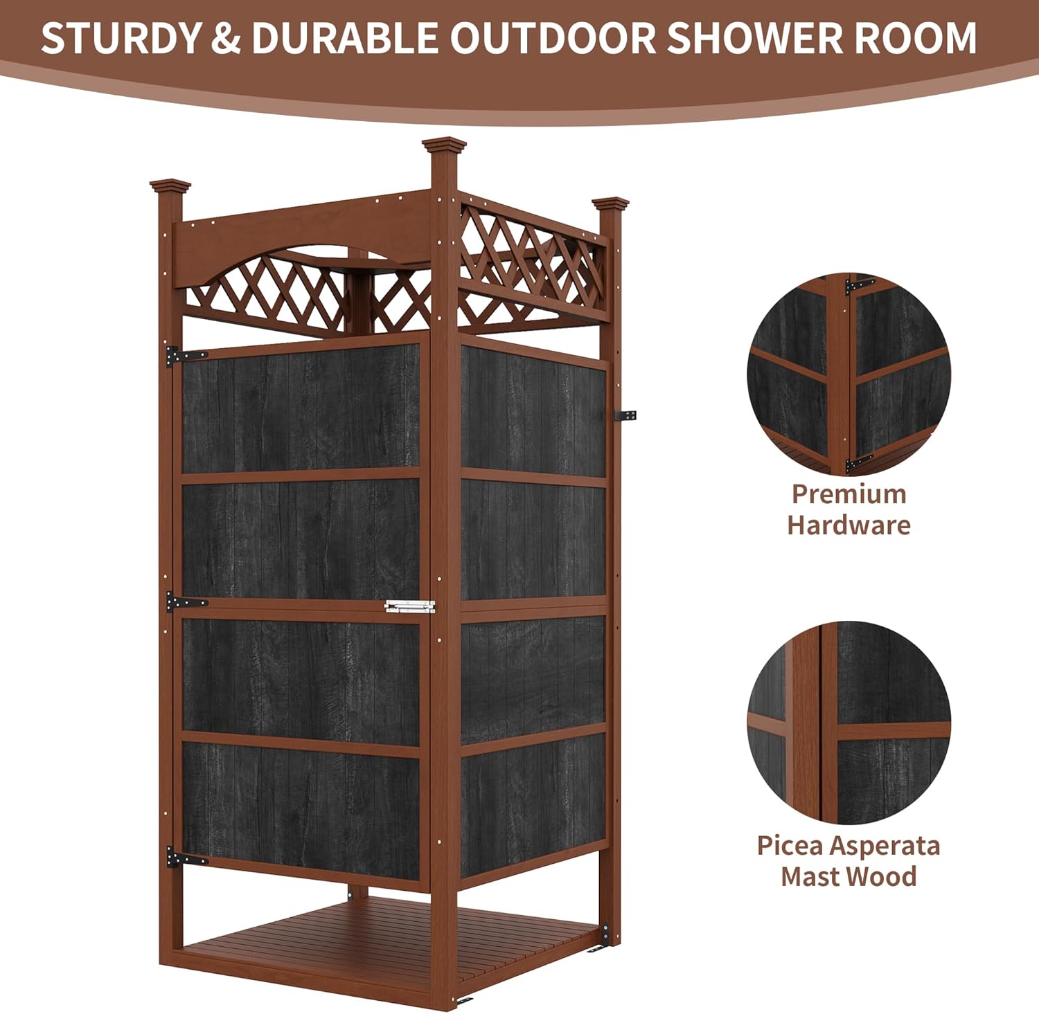 Outdoor Shower Enclosure with Shower Mat & Lockable Door, Solid Wood Privacy Outside Shower Stall, Outdoor Changing Room for Pool Wash Station, Patio or Beach Rinse Station