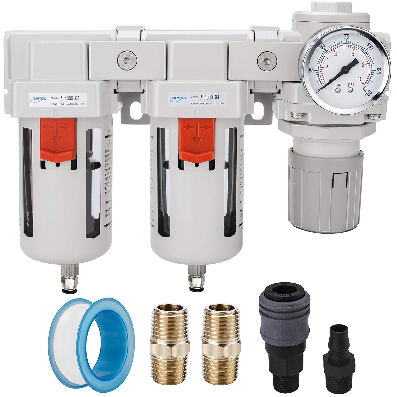 NANPU DFR-03 3/8" NPT Air Drying System - Double Air Filters, Air Pressure Regulator Combo - Semi-Auto Drain, Poly Bowl — Amazon image 15