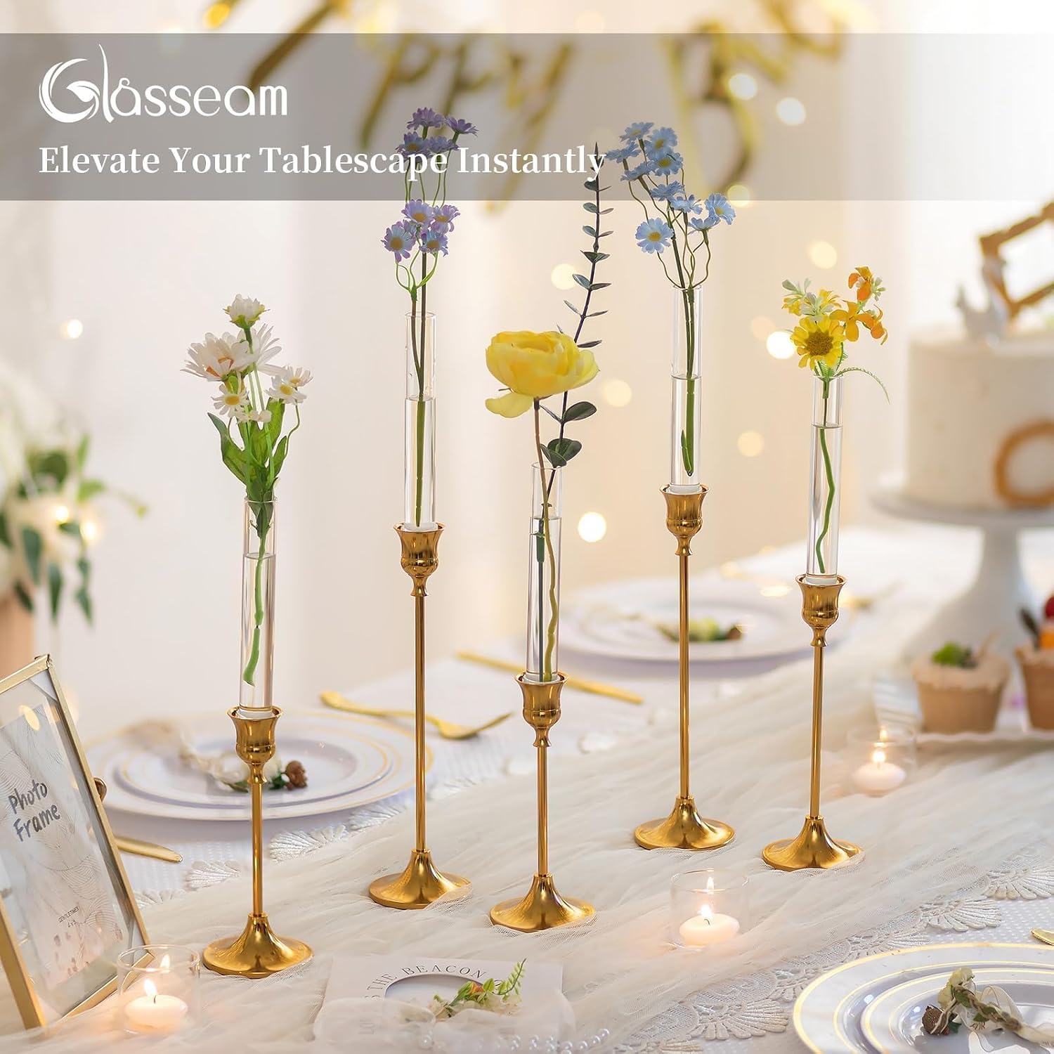 Glasseam Glass Bud Vase for Flowers: 3pcs Clear Small Vases for 22mm Candlestick Taper Candle Holders - 5.9" Skinny Table Centerpieces with Silicon Case for Tablescapes, Wedding Gift and Home Decor