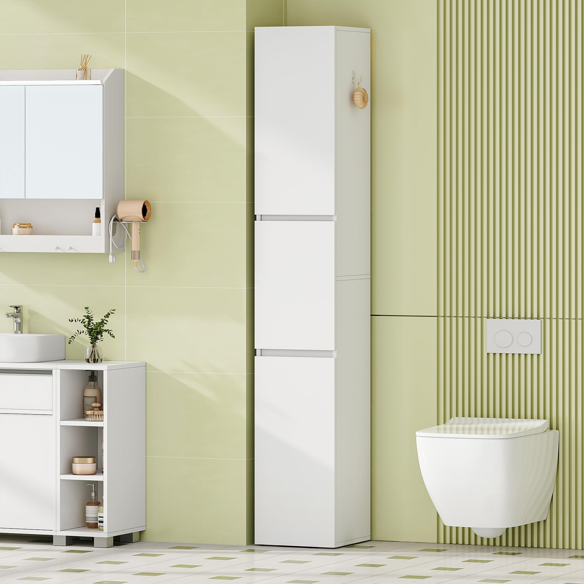 HEXCELEN Armario de Baño con Iluminación, Mueble de Almacenamiento, Mueble de Almacenamiento con Estantes de Cristal Ajustables, Tres Puertas Reversibles, Adecuado para Espacios Pequeños, Blanco