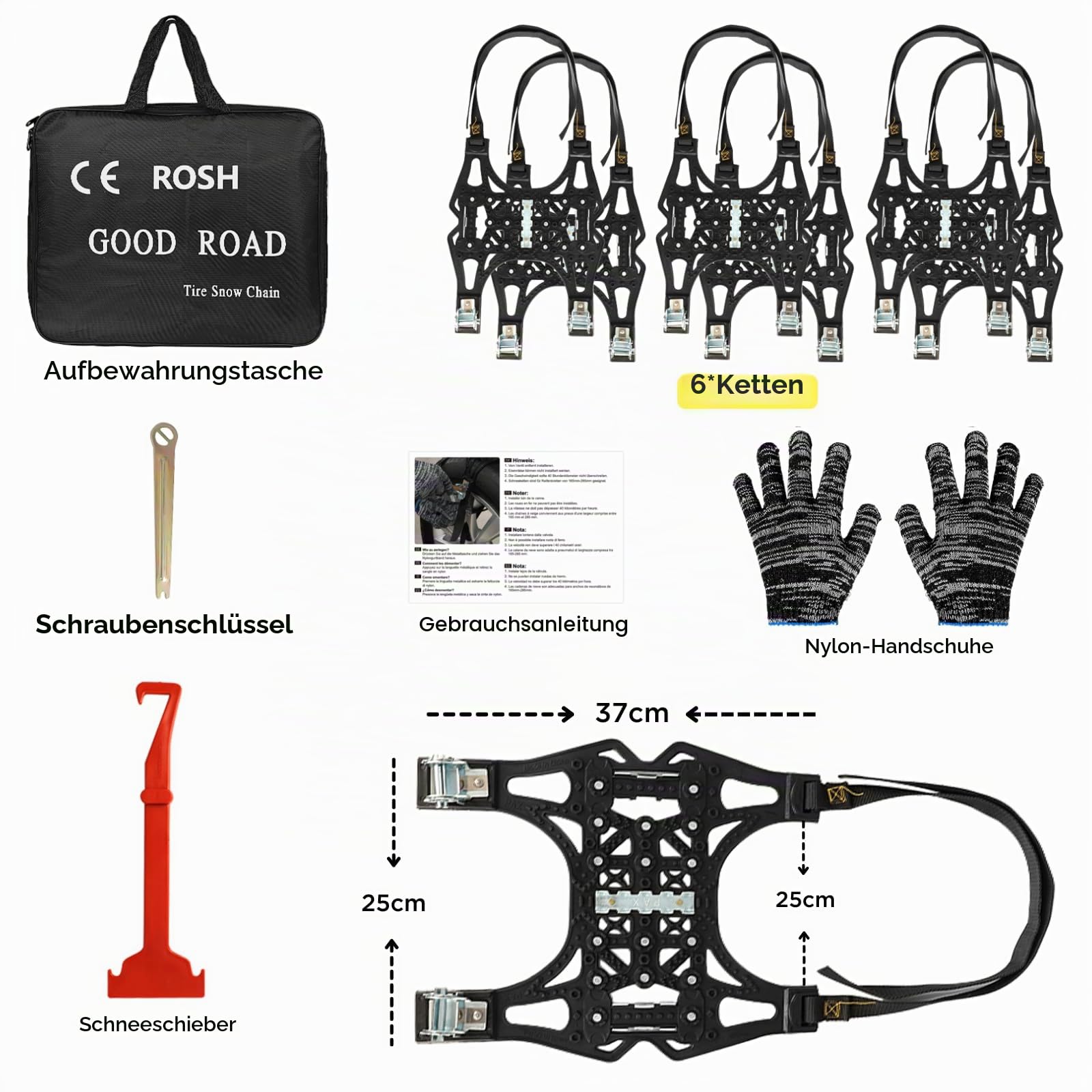 Schneeketten Universal Auto, 6 Stück Snow Chains, Reifenbreite 165-285mm, Passend Für PKW, SUV, MPV Van, 2 Minuten Schneeketten Schnellmontage