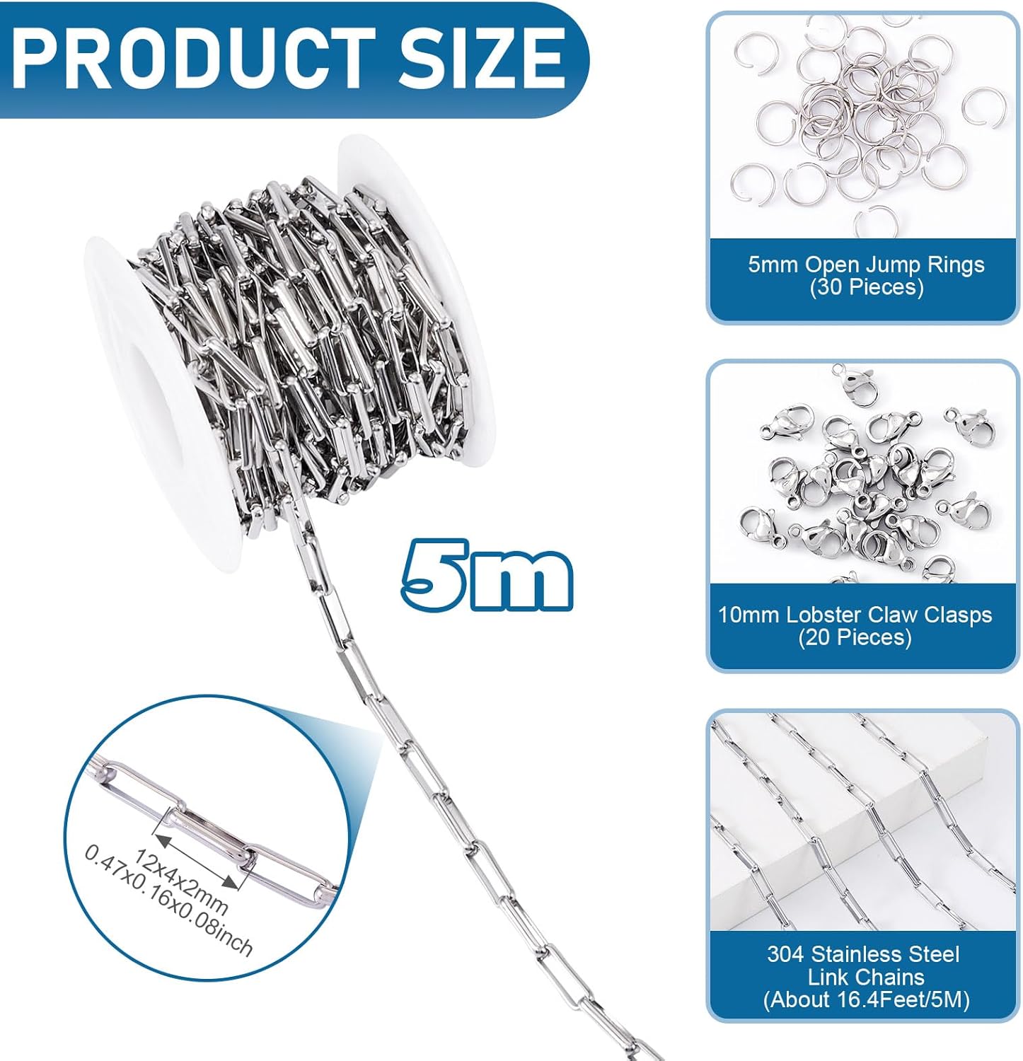 Beadthoven 16.4 Feet 4mm Stainless Steel Paperclip Chain for Jewelry Making Rectangle Paperclip Link Chains with Lobster Clasps Jump Rings for Women Men Bracelet Necklace Earrings DIY Crafts - Image 3