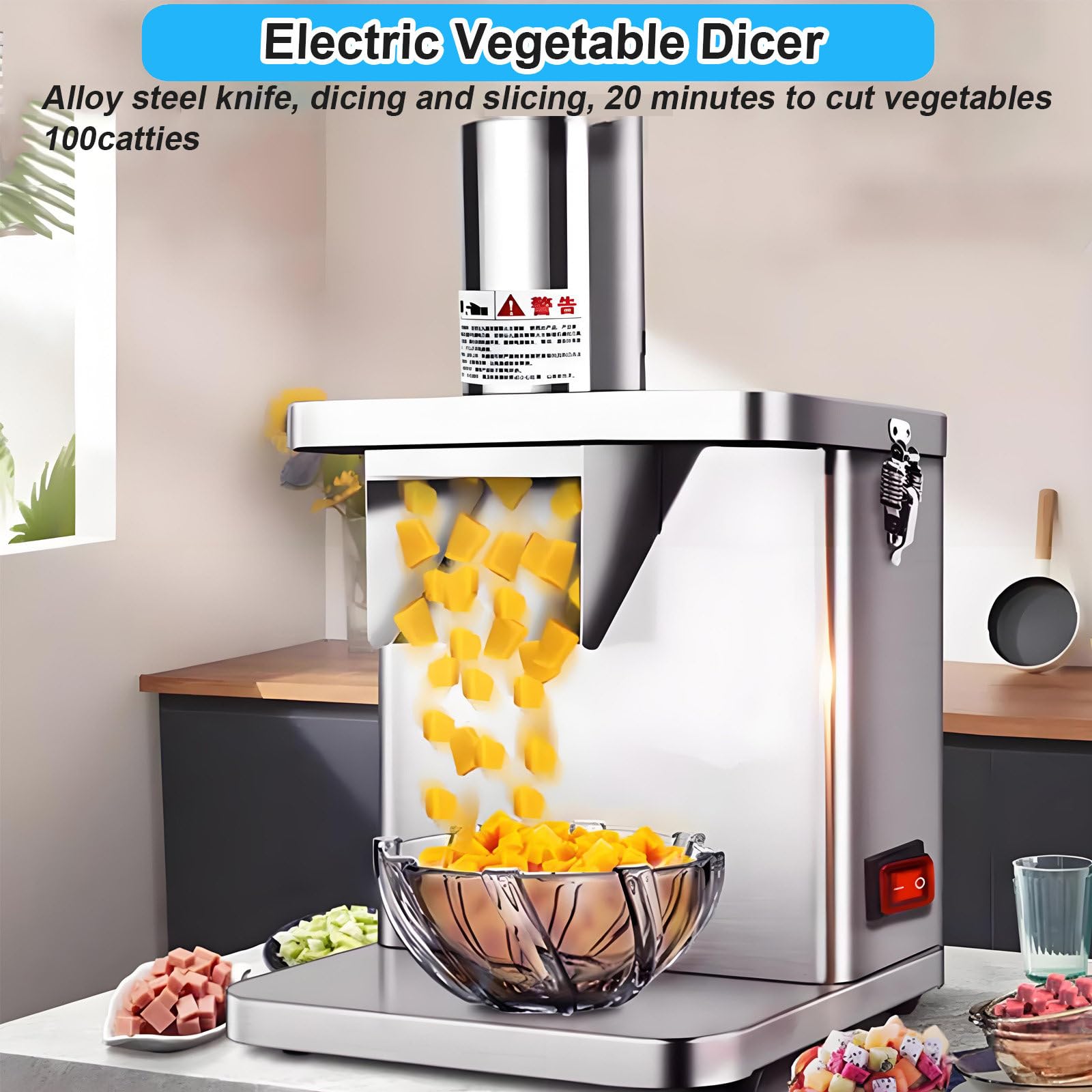 Tagliaverdure Elettrico da 250 W, tagliaverdure Automatico per Frutta e Verdura con stampi per Tagliare a cubetti da 6/8/9/12/15 mm, tagliaverdure Elettrico per cipolle