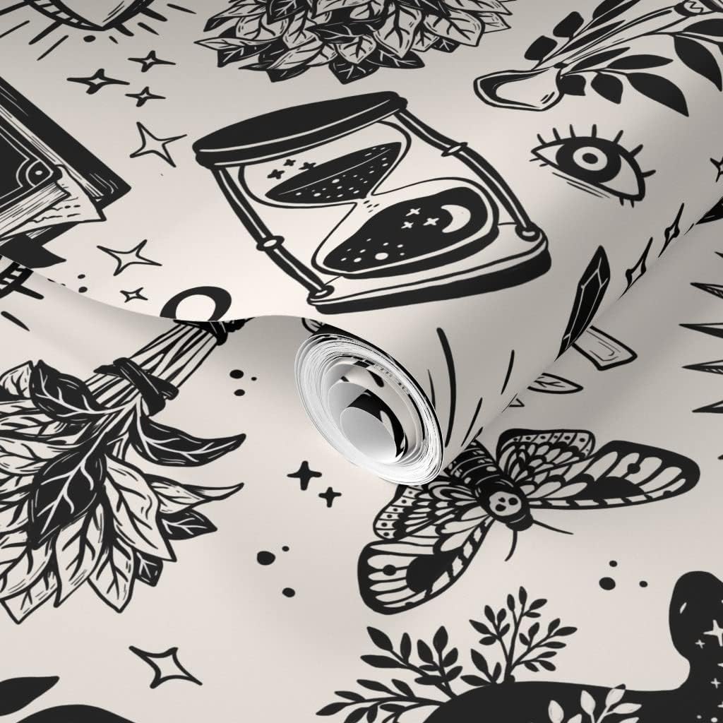 Spoonflower Removable Wallpaper 3ft x 2ft - Black White Goth Gothic Magic Halloween Witch Monochrome Custom Pre-Pasted Wallpaper