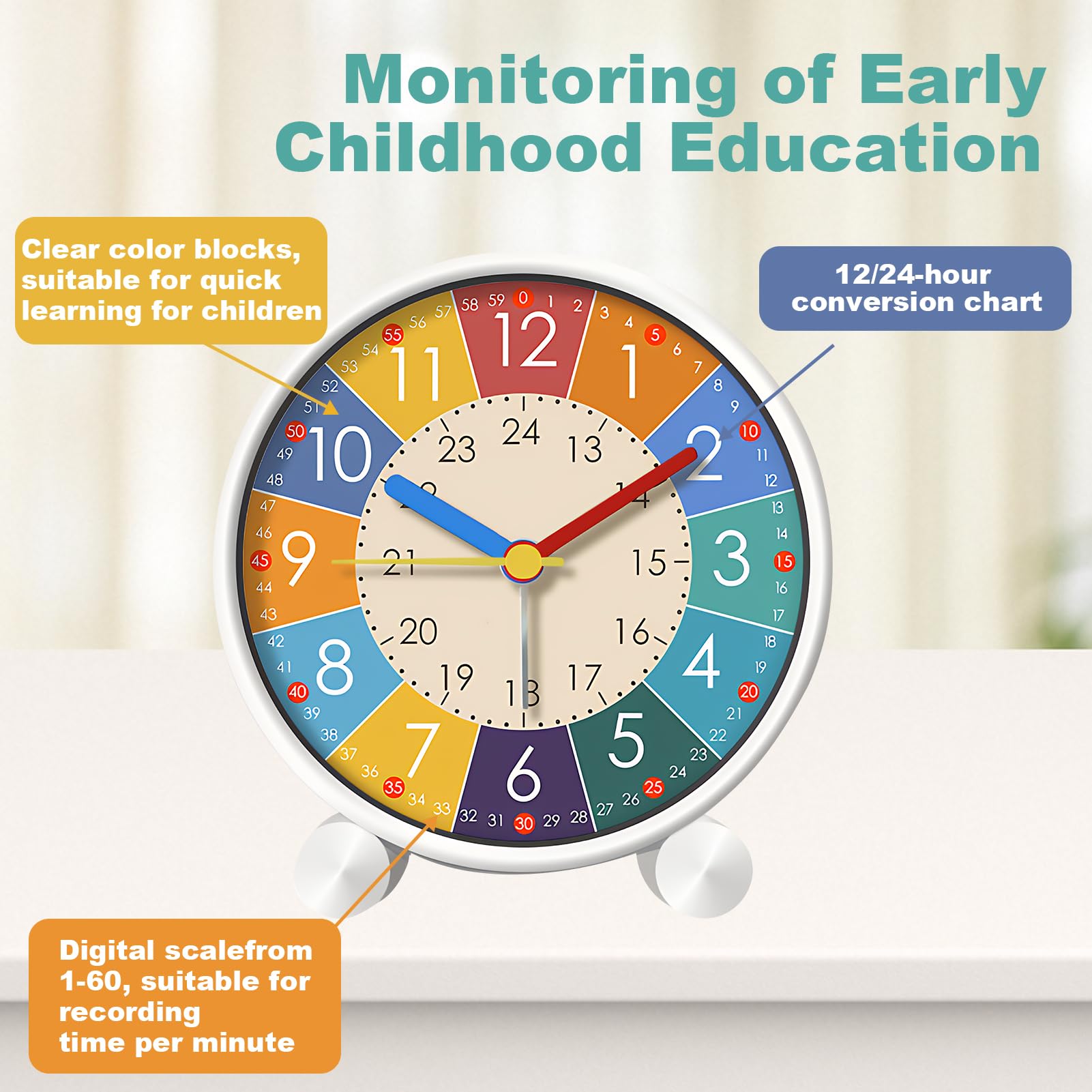 Réveil Analogique Silencieux Pour Enfants - Horloge Educative Sans Tic-Tac Avec Veilleuse Et Snooze - Garçons Et Filles