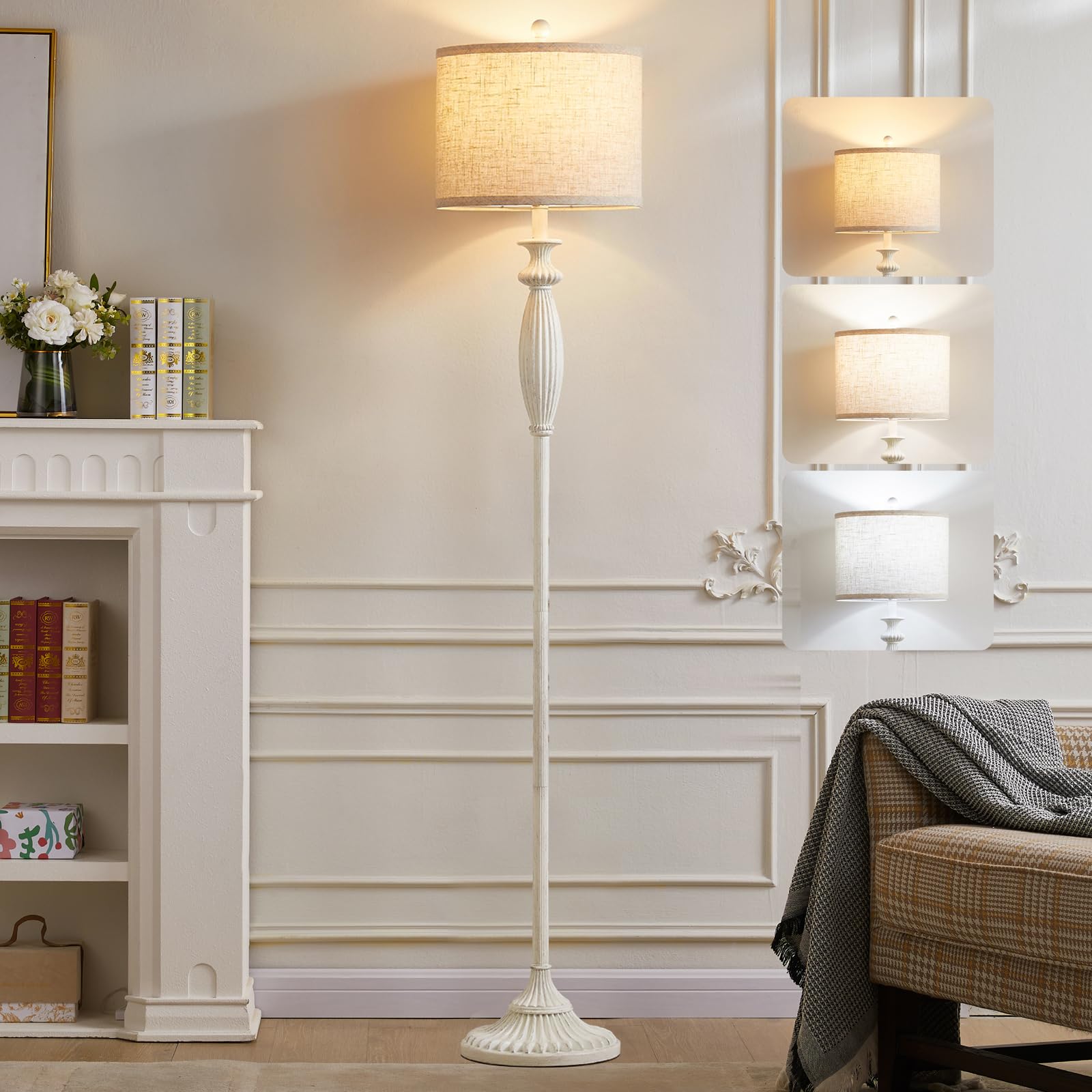 Photo 1 of 63.8" Vintage Floor Lamp with Rotary Switch, Dimmable Color Temperature Standing Lamp, Retro Farmhouse Floor Lamps for Living Room, Bedroom, Hallway, Office, Room Decor, Antique White (Bulb Included)