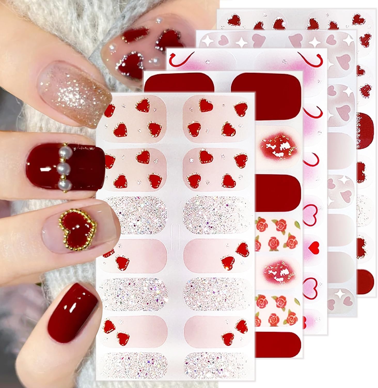 5 Sheets Valentines Nail Strips Stickers Red Heart Gel Polish Strips Romantic Rose Love Glitter Self-Adhesive Designs Cute Holiday Stickers Full Wrap Gel Nail Strips Stickers for Women Acrylic Nails