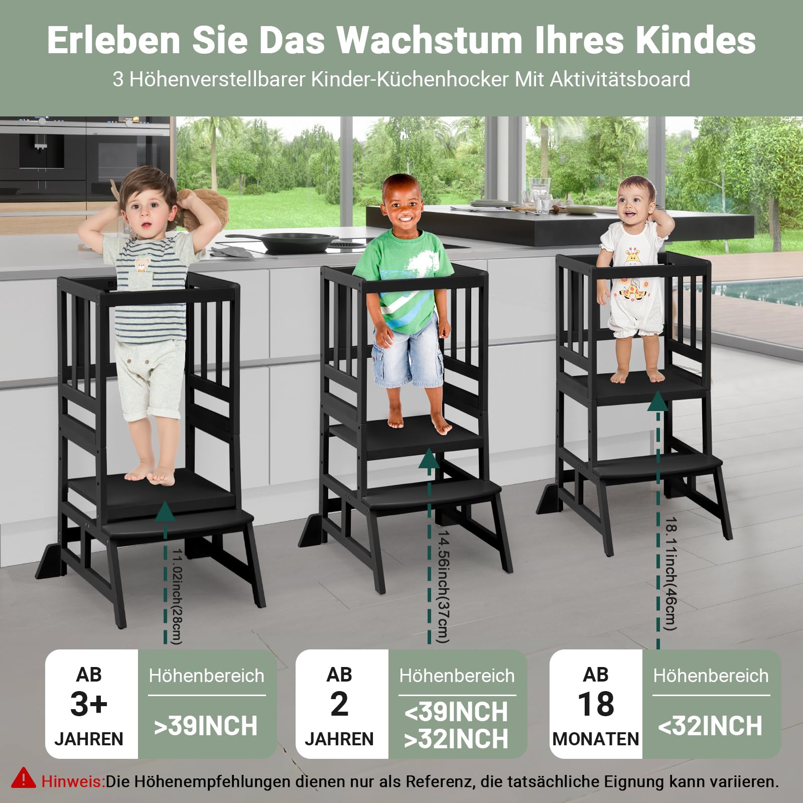 COSYLAND Montessori Lernturm ab 1 Jahr – Höhenverstellbarer Kinder Lernturm & Learning Tower für Küche, sicherer Montessori Tower mit 2 Stufen, Kippschutz & rutschfesten Matten, Klassisch Schwarz