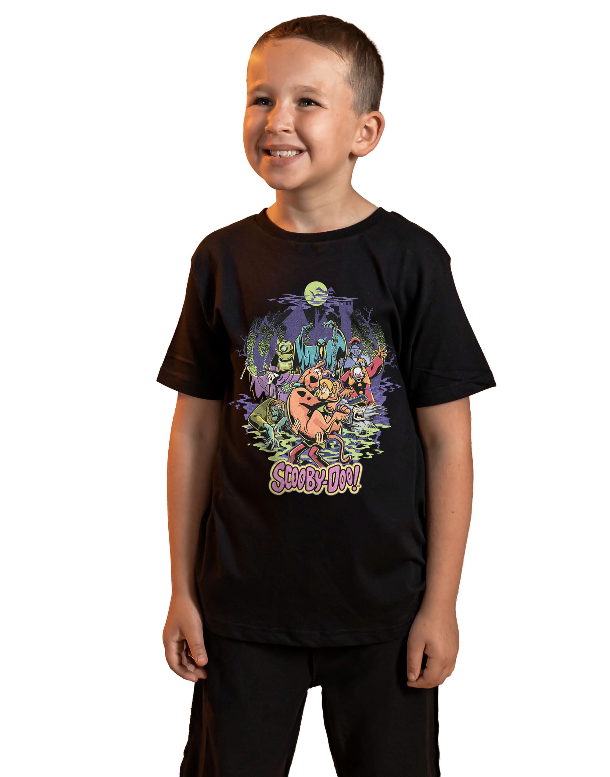 Scooby-Doo! Unisex Kids Black Short Sleeved T-Shirt | Halloween Graphic Tee for Children | Mystery Machine Cartoon Apparel Top | Kids & Teens Spooky Scooby Merchandise Gift