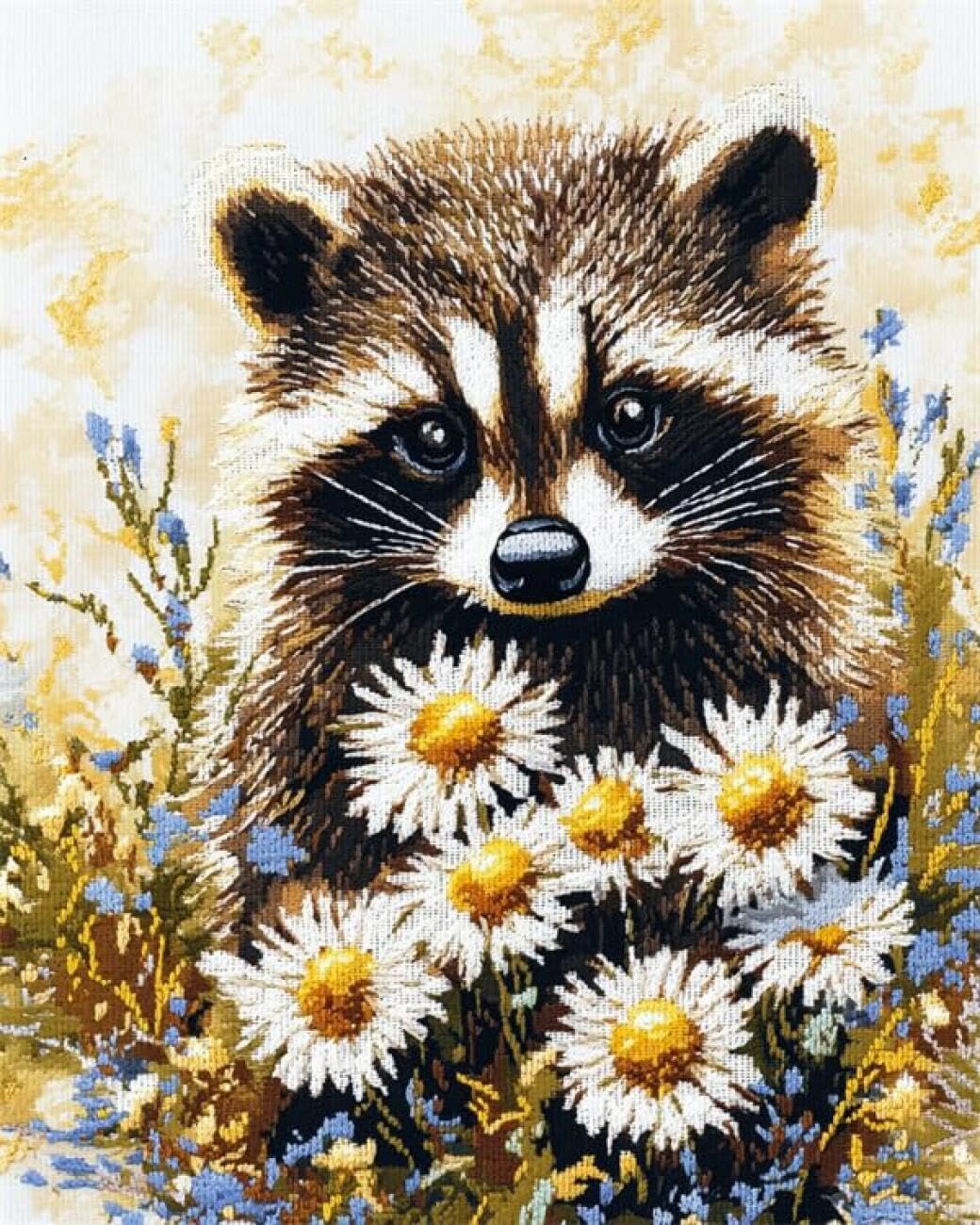 AxiangziK DIY Cross Stitch Kits Raccoons and Flowers 11CT 40x50cm