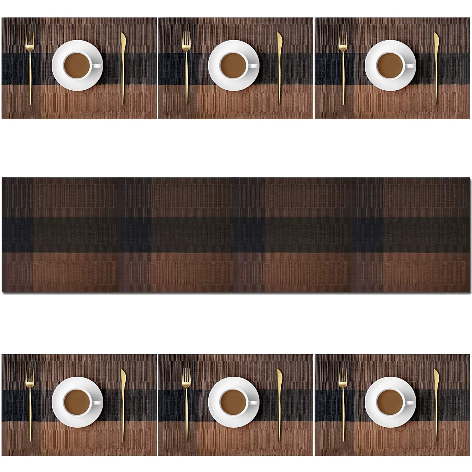 ADRIMER Tischsets Set mit Tischläufer, Küchentischmatte aus gewebtem Vinyl, abwischbare PVC-Tischmatte für Esstisch, Party, Bauernhaus, Thanksgiving, Weihnachten und Meeting (Braun)