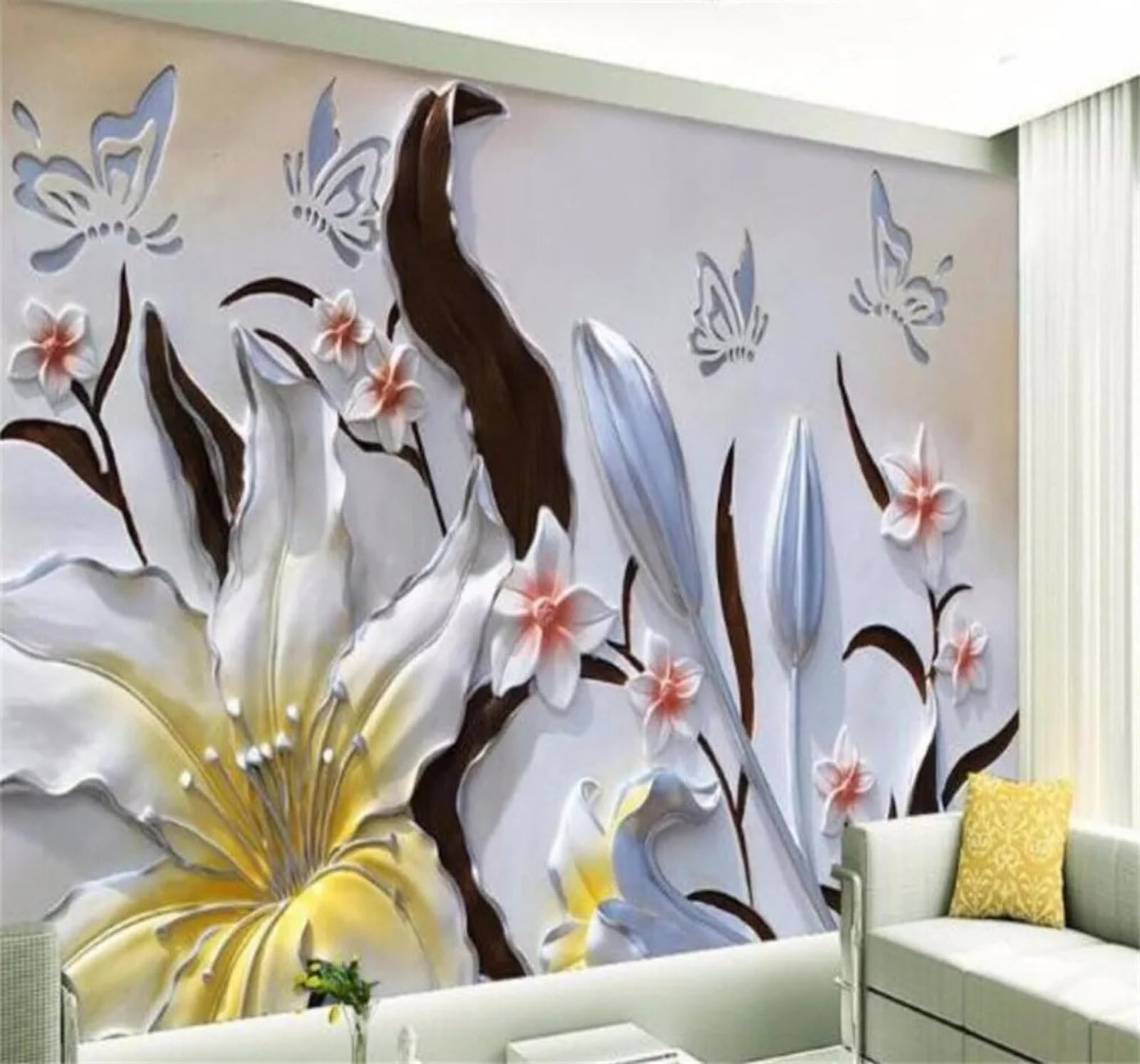 Xlming 430Cm×300Cm(B×H) Relief Minimalist Lily Butterfly Art 3D Wallpaper Luxury Home Dining Decor Paste Sofa Living Room The Wall For Bedroom Mural-430Cm×300Cm
