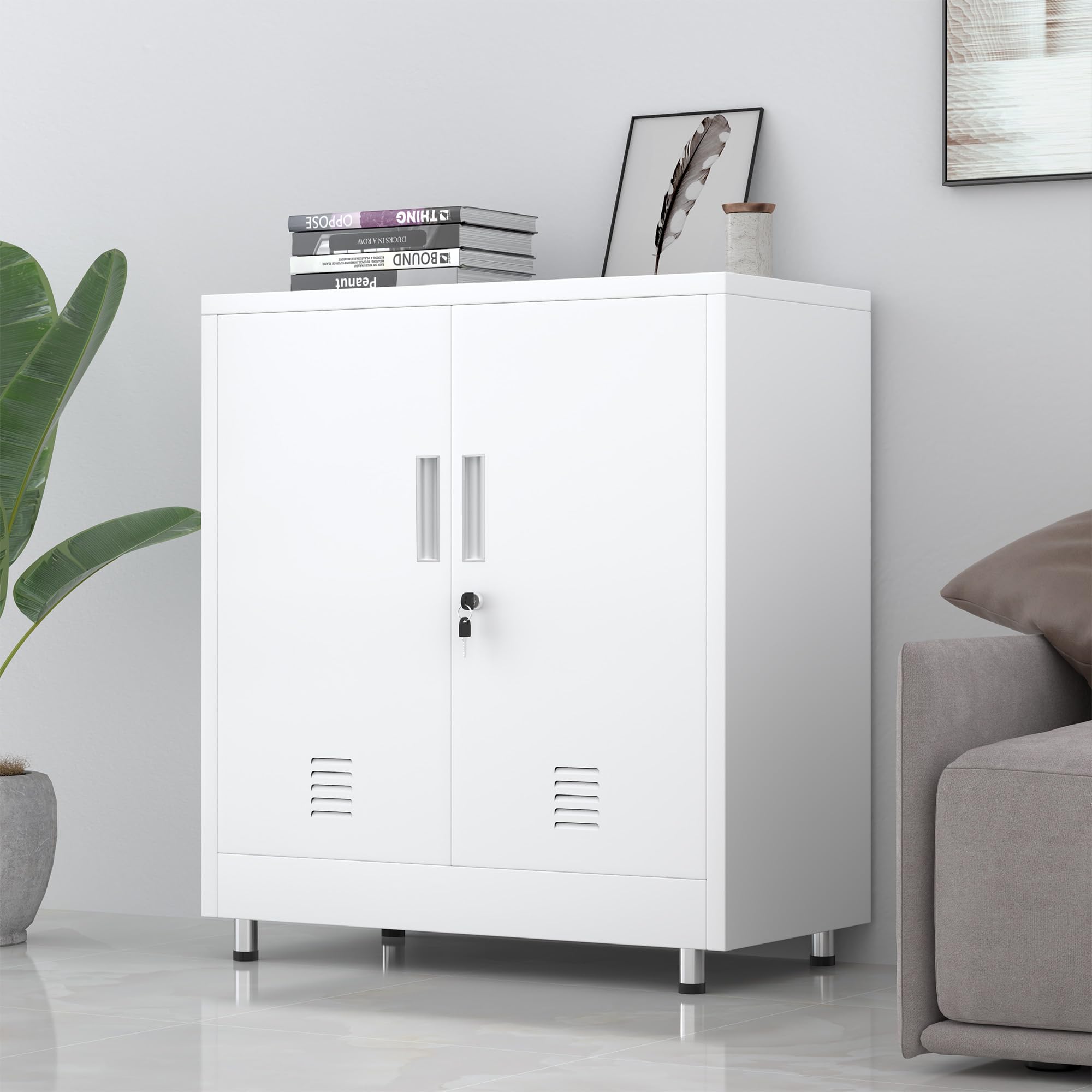 JINGUR Aktenschrank Büroschrank Lagerschrank Metallschrank Stahlschrank, Abschließbar Mehrzweckschrank Kleiner Schrank Buffetschrank Flurschrank (Weiß)