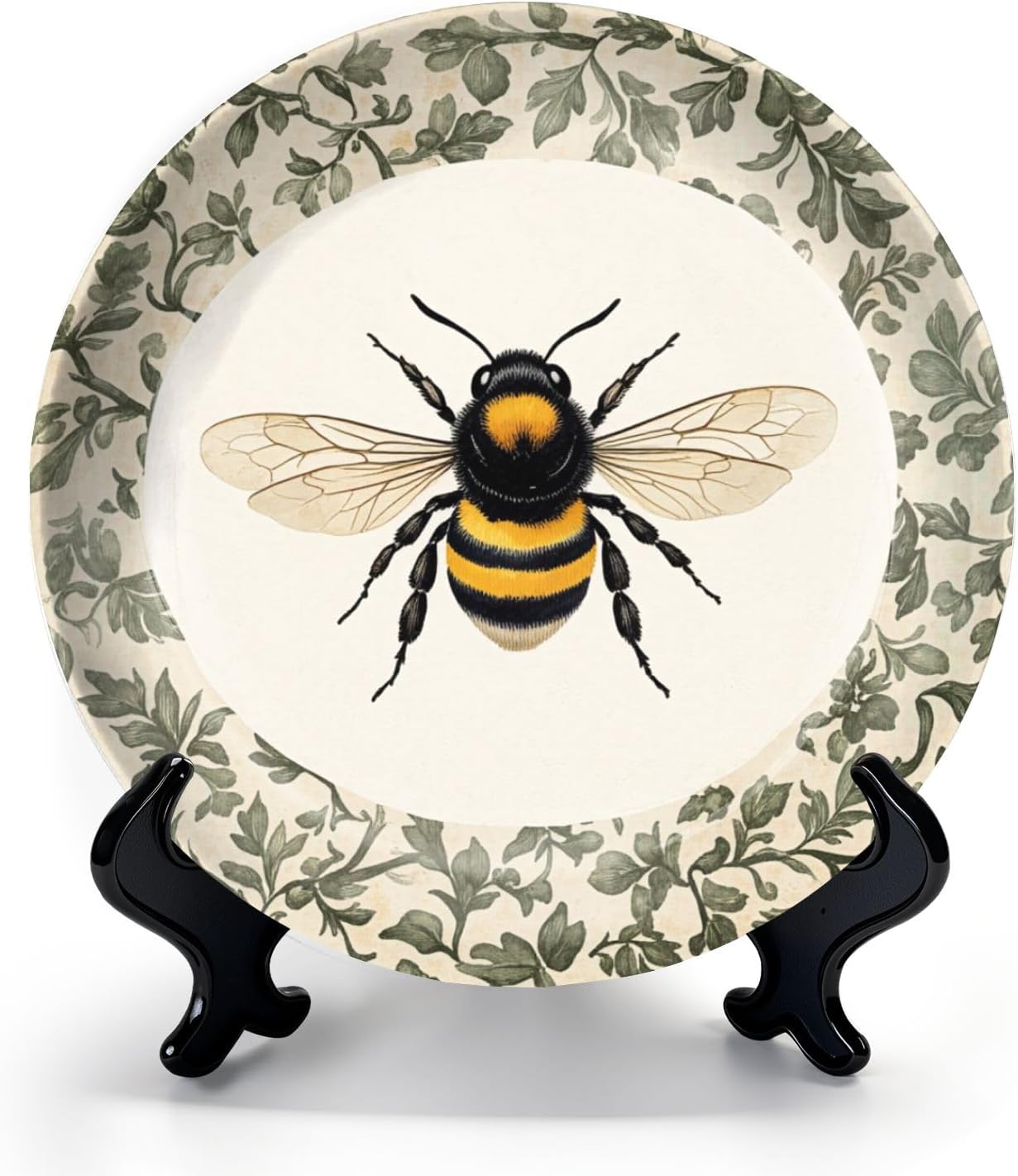 HABEN ARTWORK 8" Ceramic Plates for Display Vintage Rustic Textured Green Botanical Cottagecore Bee Floral Patterns Decorative Plate with Stand and Hook for Kitchen Dining Room Wall Hanging Decor