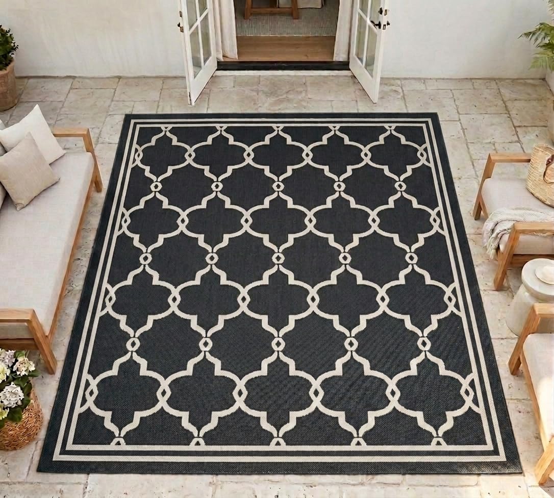 Lord of Rugs Indoor Outdoor Rug Terrace Spanish Tile Pattern Garden Trellis Patio Living Room Kitchen Flatweave Rug Black XX-Large 240x340 cm (8'x11'2")