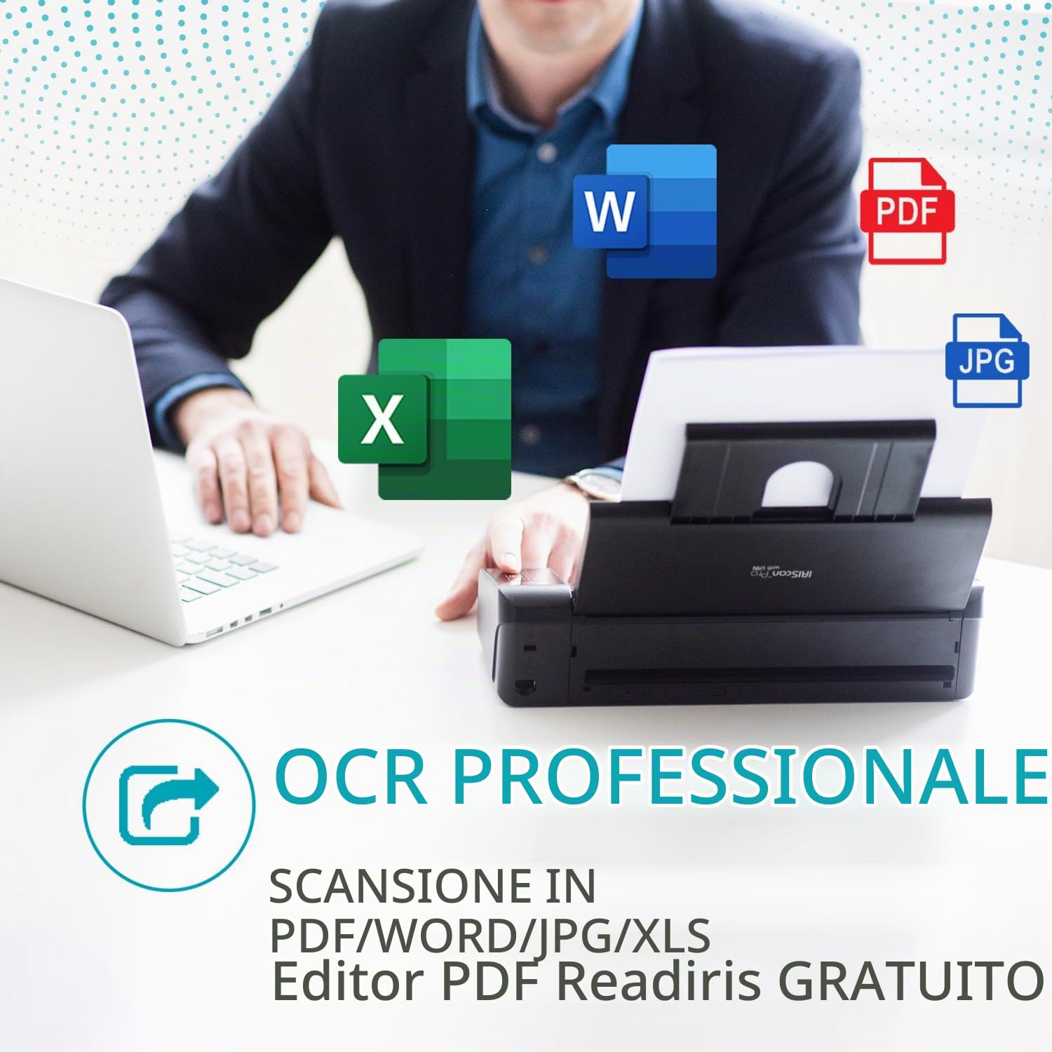 IRIScan Pro duplex scanner documenti-v5pro 20PPM: editor PDF gratuito, scansione in Word, PDF, XLS, biglietti da visita in Outlook, scanner di ricevute, scansione su cloud Win.