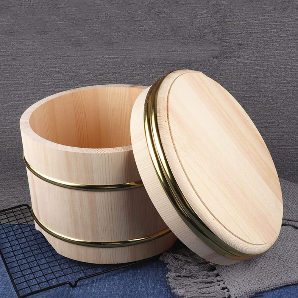 Japanese Wooden Sushi Rice Bowl for Hangiri Sushi Rice Mixing Tub White Fir Wood Sushi Making Accessory Tool, Copper Bands Fixed(Small)