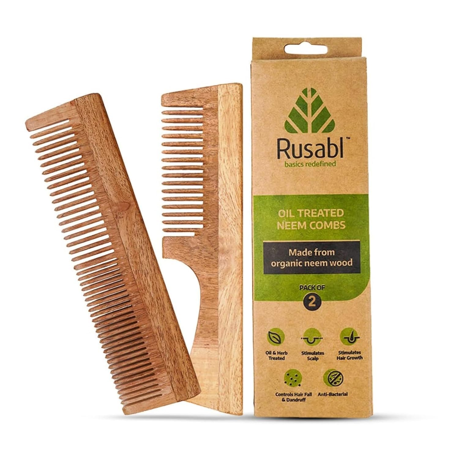 Kacchi Neem Wooden Comb (Fine & Wide Tooth), Dual Tooth Design, 100% Pure Neem Wood, No Handle, For Men & Women, Ideal for Detangling, Frizz Control & Shine, Suited for All Hair Types