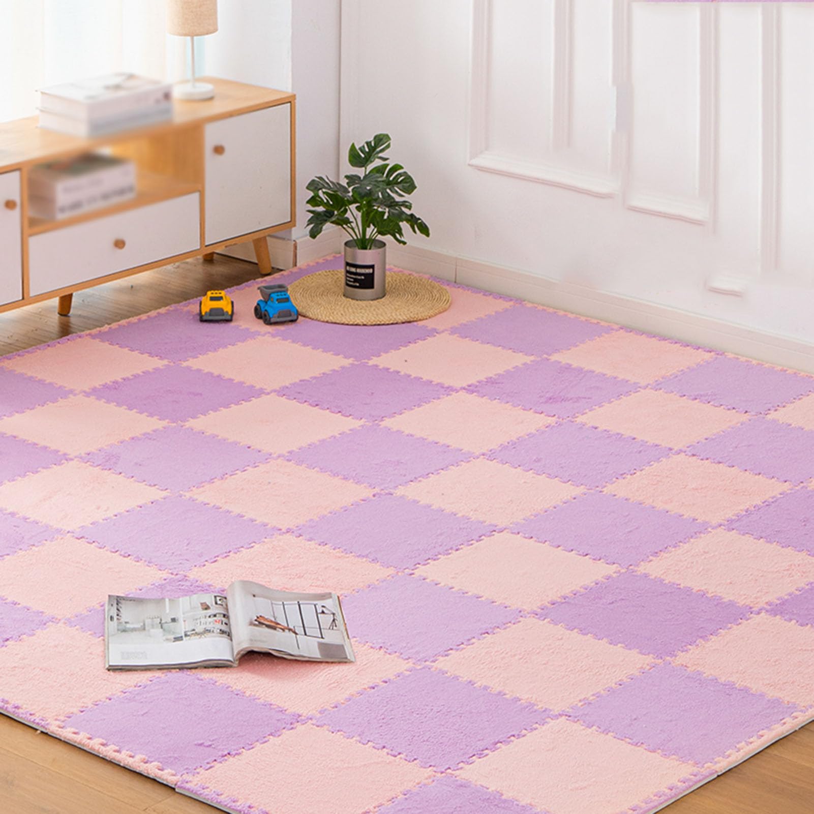 Lot de 10 Dalles de Moquette emboîtables en Mousse de 12 x 12 Pouces avec Bordure, Tapis de Sol carrés en Peluche, Tapis de Puzzle faciles à Assembler, Tapis d'escalade (Rose + Violet)