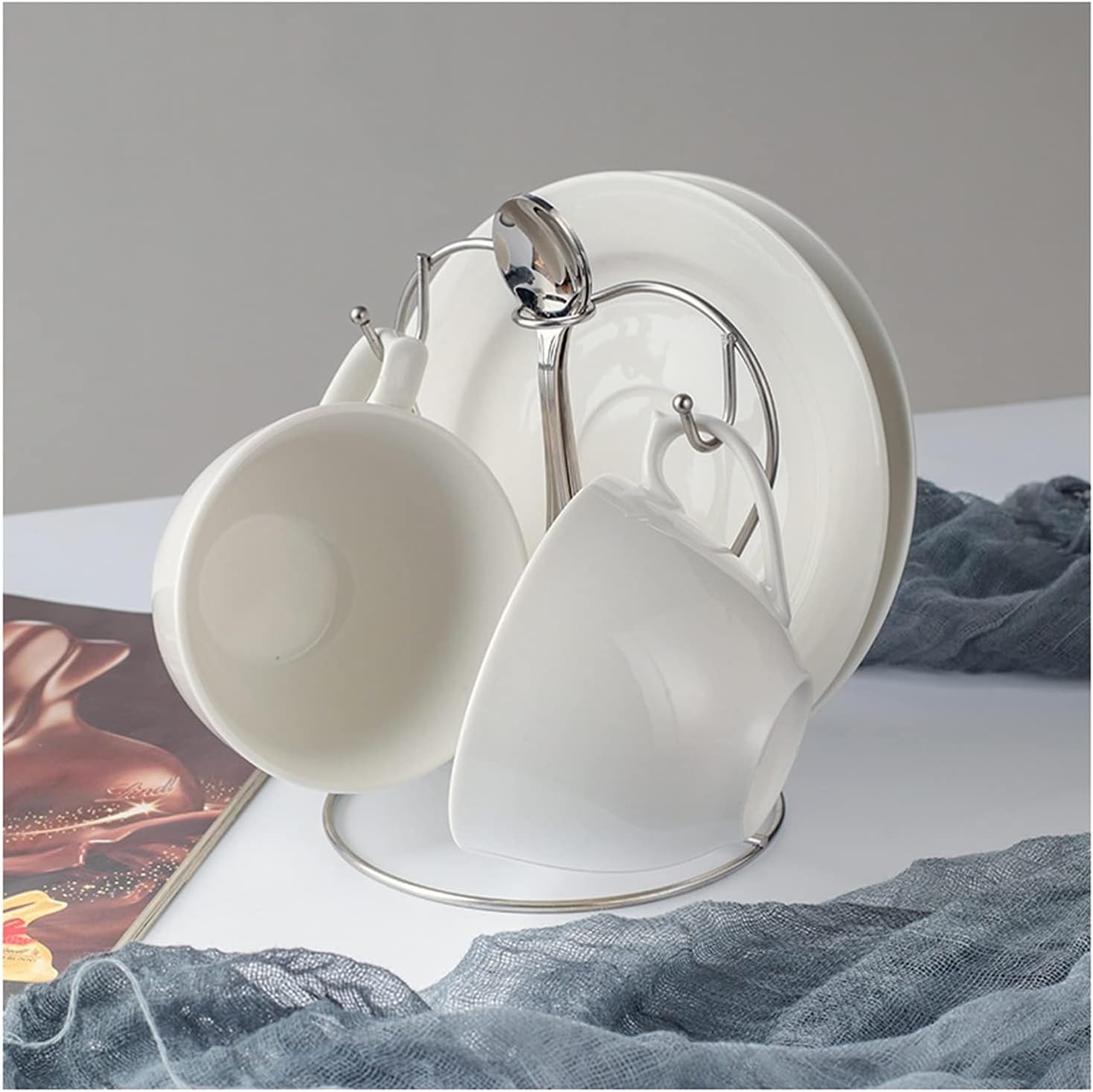 Coffee Mug Ceramic European Style Household Coffee Cup Set Simple and Creative 2 Pcs Coffee Mug Stainless Steel Spoon Holder (O) (N)