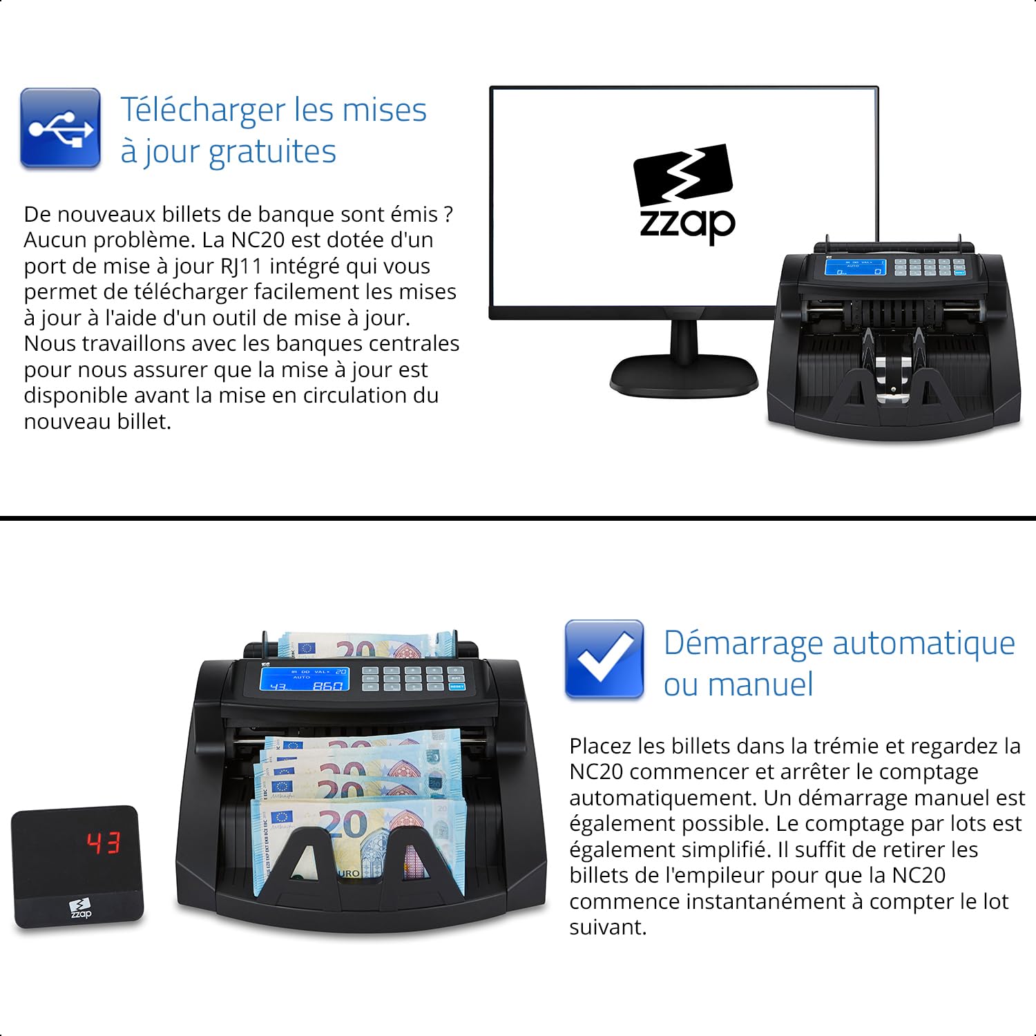 ZZap NC20 Compteuse de Billets - Compte 1000 billets par minute, compte par lots, compte toutes les devises du monde et plus encore!