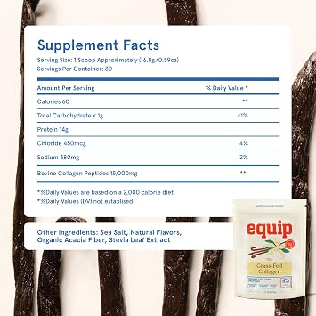 Equip Grass-Fed Hydrolyzed Collagen Powder - Pasture-Raised Bovine Collagen Peptides Powder - 14g Per Scoop - Clean, Daily Supplement for Joints, Gut, Skin, Hair & Nails - Vanilla (30 Scoops)