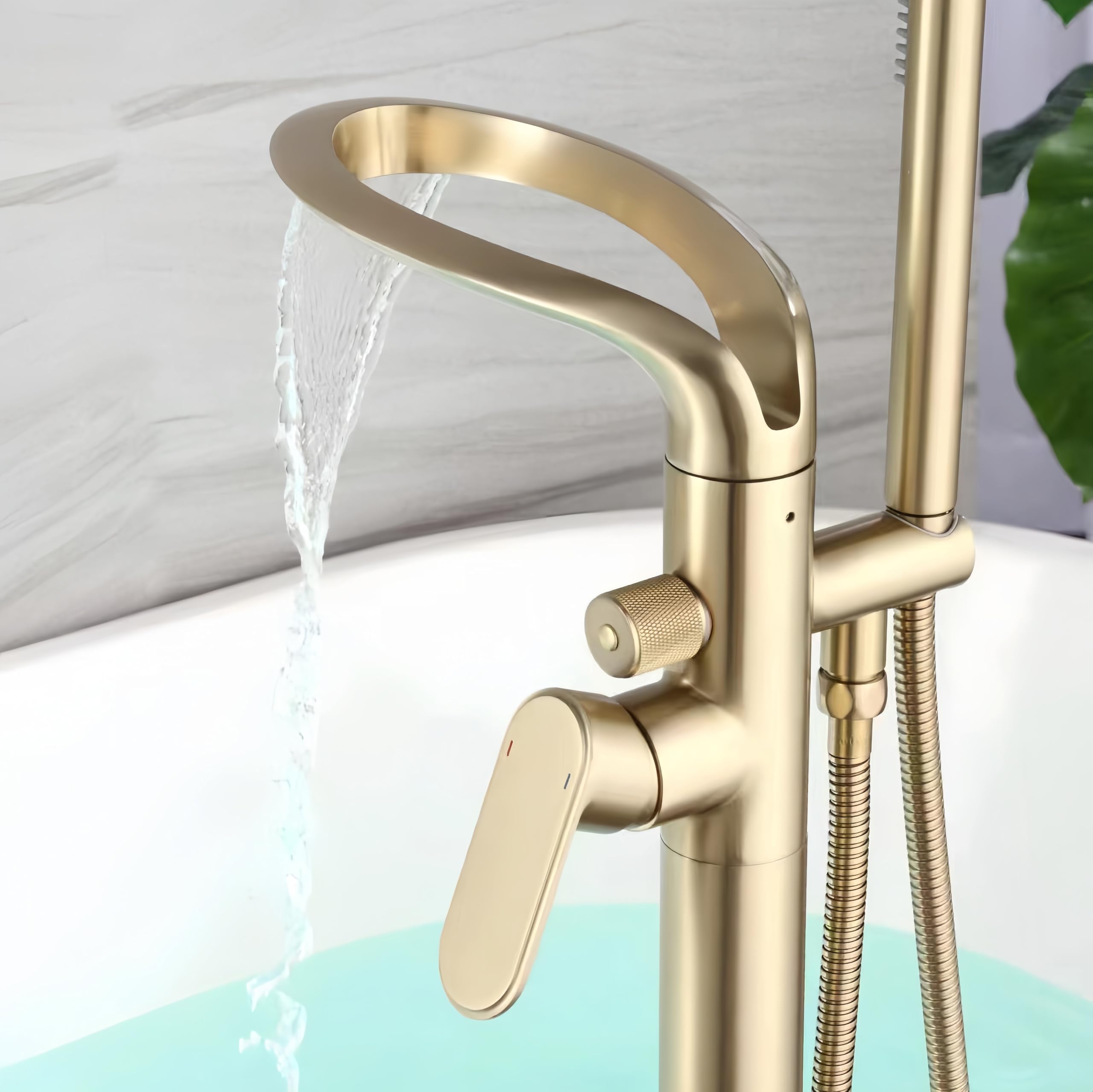 Grifo de bañera de Pie, mezclador de baño Tipo Cascada, cabezal de ducha de Mano para bañera, montaje en suelo, latón Negro (Oro cepillado-B)