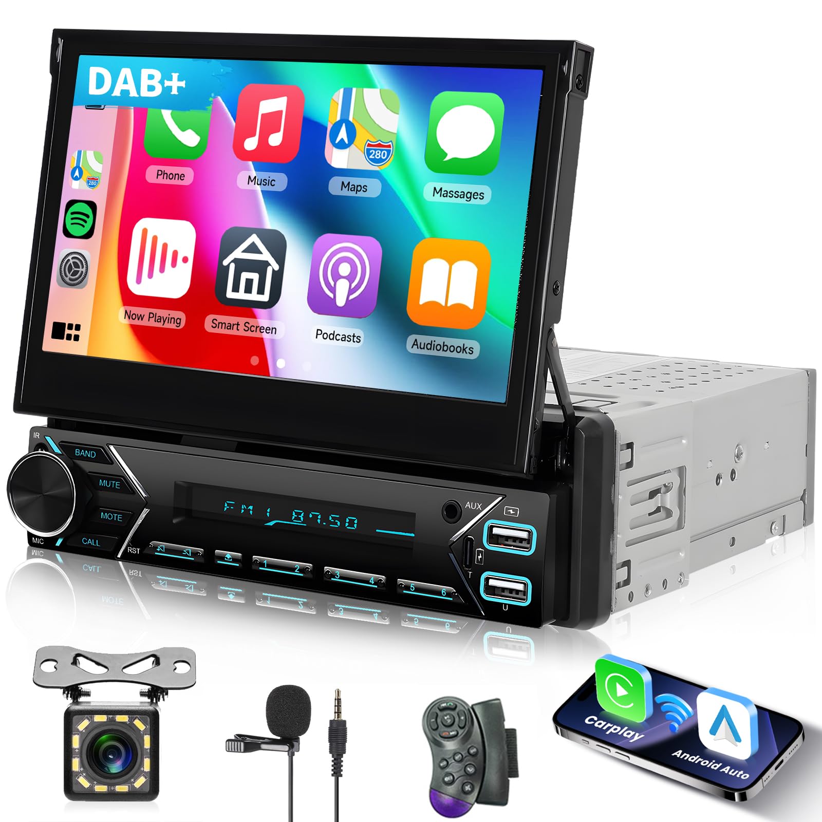 Hodozzy Dab+ Radio 1 DIN con Carplay Android Auto, Pantalla Táctil Plegable de 7 Pulgadas con Bluetooth Mirror Link,Radio de Coche MP5 EQ USB/AUX/Tipo-c Volante Controls FM/RDS Radio + Cámara