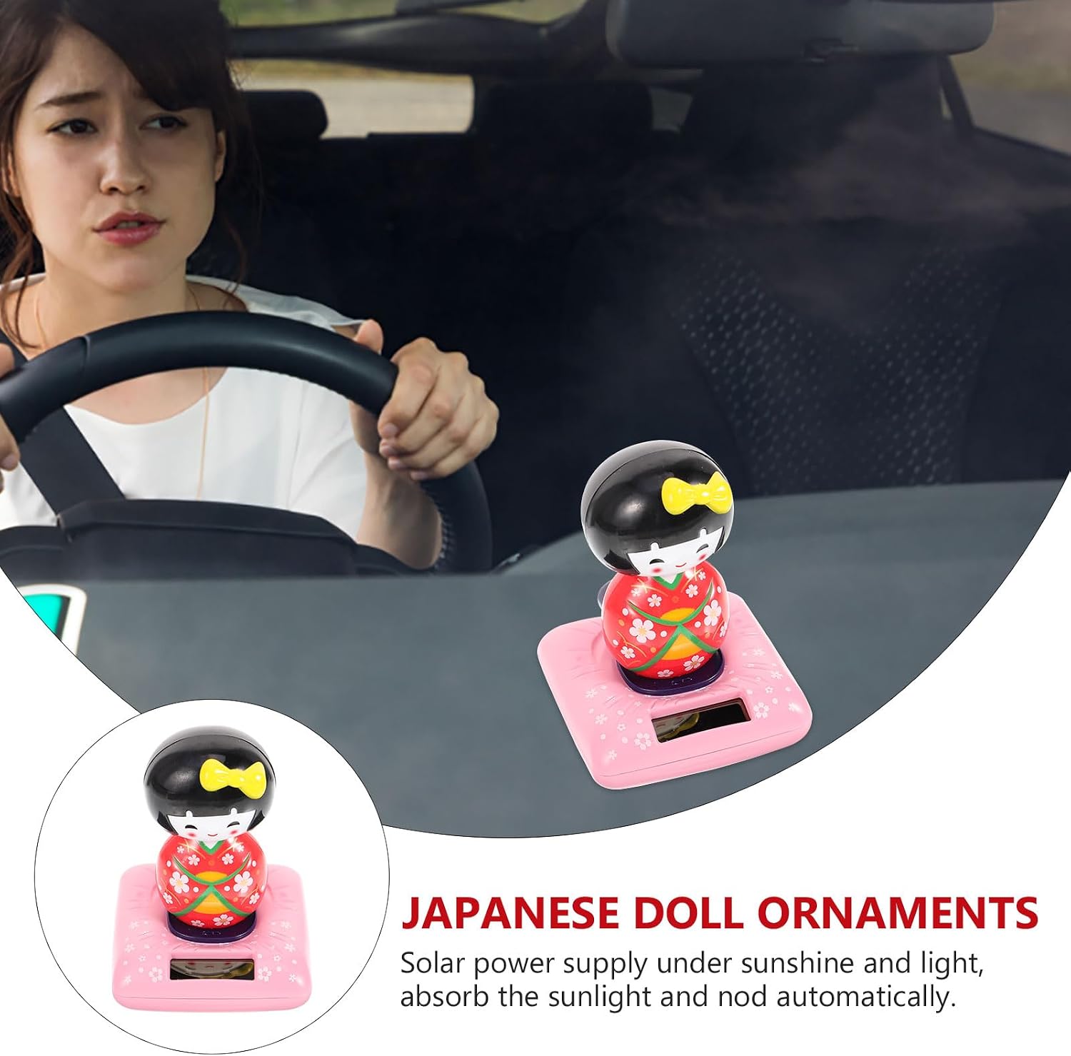 Amosfun Solar Powered Kimono Doll Car Ornament Japanese Maiko Nodding Head Dashboard Decor 4.33 Inch Car Interior Accessory Home Desktop Gift