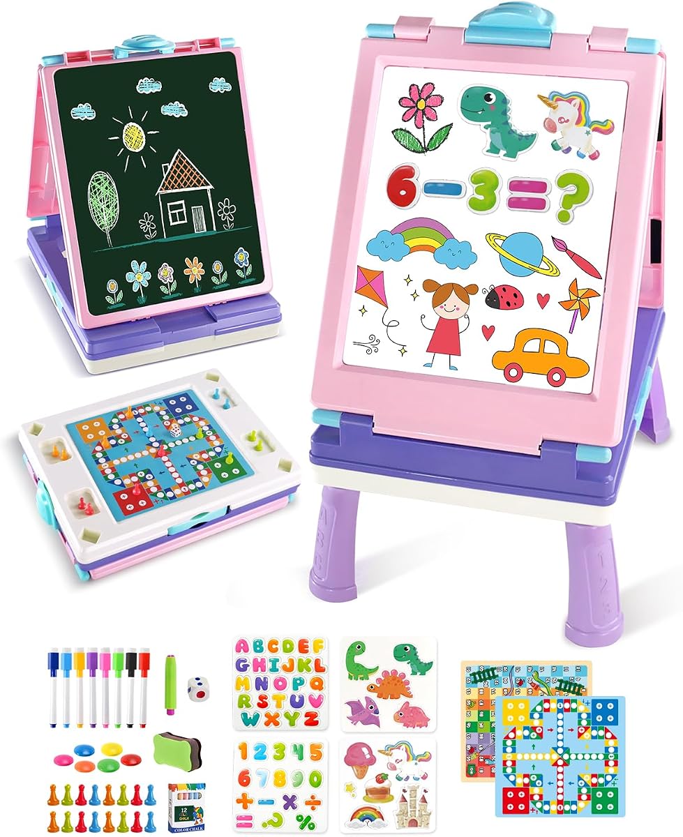 Elovien Easel for Kids, 4 in 1 Double Sided Toddler Art Easel with Chalkboard & Magnetic Whiteboard, Foldable Kid Tabletop Easel with Drawing & Writing Accessories - Educational Gift for Girl (Purple)
