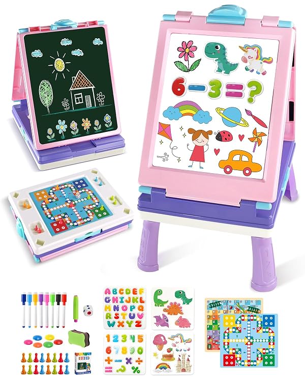 Elovien Easel for Kids, 4 in 1 Double Sided Toddler Art Easel with Chalkboard & Magnetic Whiteboard, Foldable Kid Tabletop Easel with Drawing & Writing Accessories - Educational Gift for Girl (Purple) by Elovien - Used condition - US$27.59