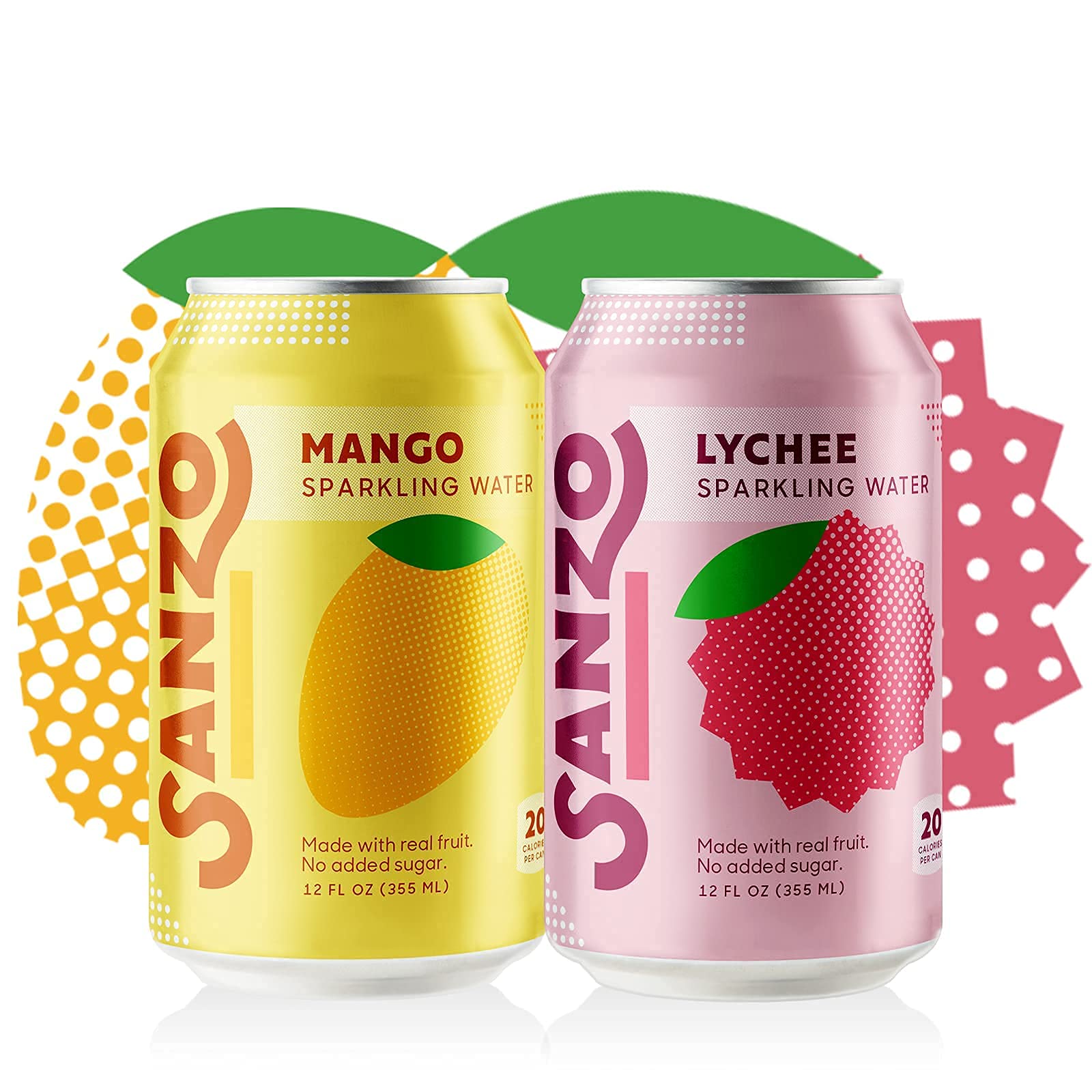 Sanzo Flavored Sparkling Water Bundle - 12-Pack of Mango (Alphonso) and 12-Pack of Lychee (Berry) - Made with Real Fruit and Sugar-Free - Non-GMO, Gluten-Free and Vegan - 12 Fl Oz Cans