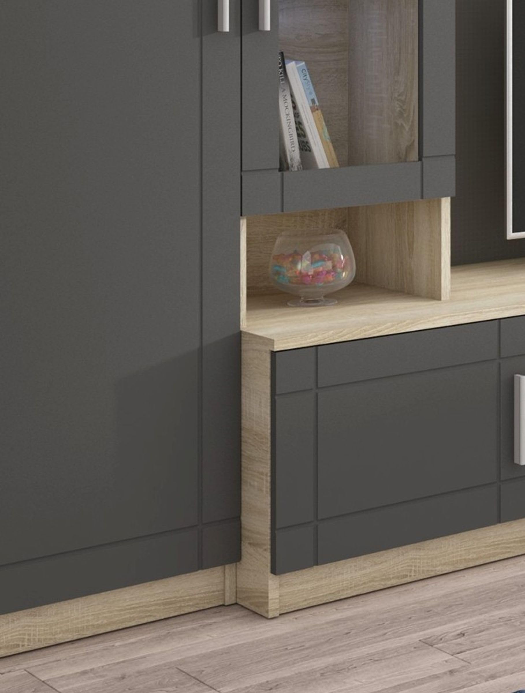 Kuechen-preisbombe Wohnwand Paris Anbauwand Wohnkombi Wohnzimmer MDF Grau+ Sonoma Eiche matt