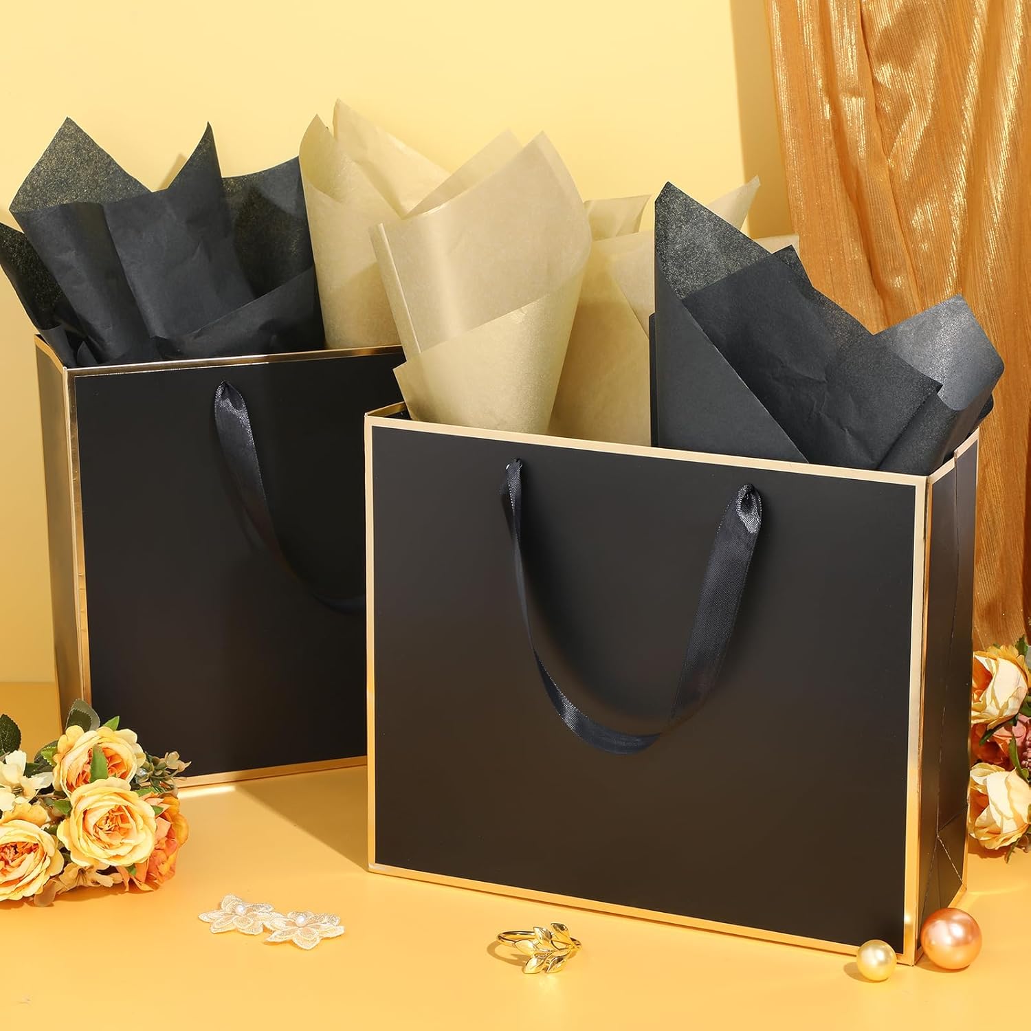 ReliThick 12 Pack Metallic Paper Gift Bag with Handles and Tissue Paper 11.8 x 10 x 4'' Thank You Favor Bag for Valentine's Day Wedding Bridesmaid Groomsman 5 Senses Gifts (Black,Gold) - Image 5
