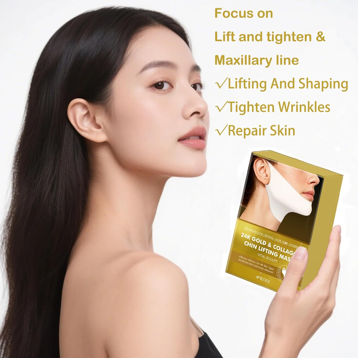 4 Pack V-Line Lifting Mask | 24K Gold & Collagen Face Mask, Anti-Aging Jawline Shaper Mask for Face Lift | Hyaluronic Acid & Vitamin E