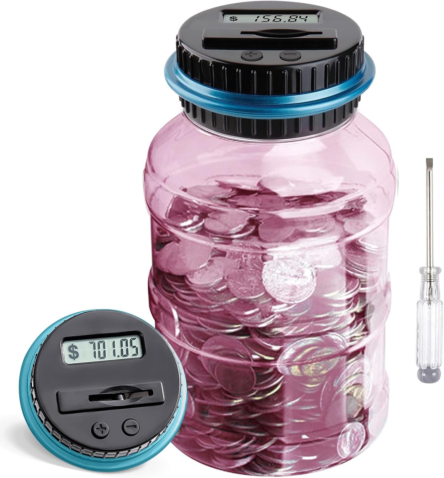 Vcertcpl Large Piggy Bank for Adults & Kids, Digital Coin Counting Bank with 1.8L Capacity, Money Jar for All US Coins (Pink)