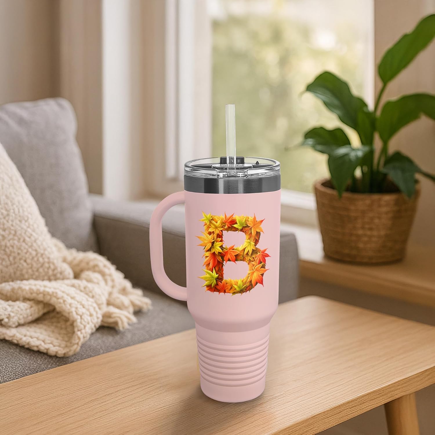 Daphne's Curations Personalized 40 oz Tumbler with Handle, Leaf Letter Design – Fits Most Cup Holders, Dishwasher Safe, BPA-Free Lid & Straw – Powder-Coated Stainless Steel – Personalized Gift